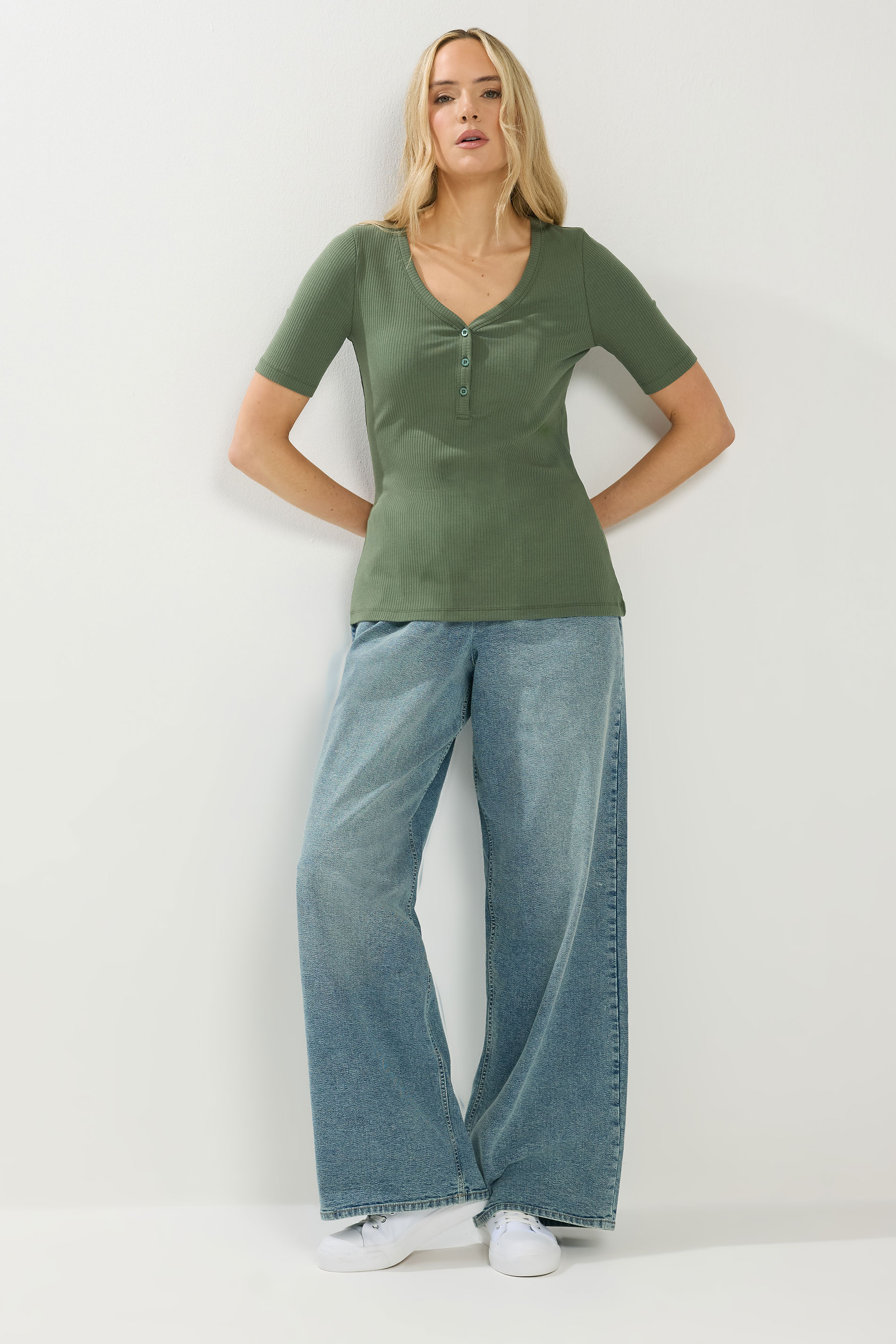 LTS Tall Green Ribbed Short Sleeve Henley Top | Long Tall Sally 2