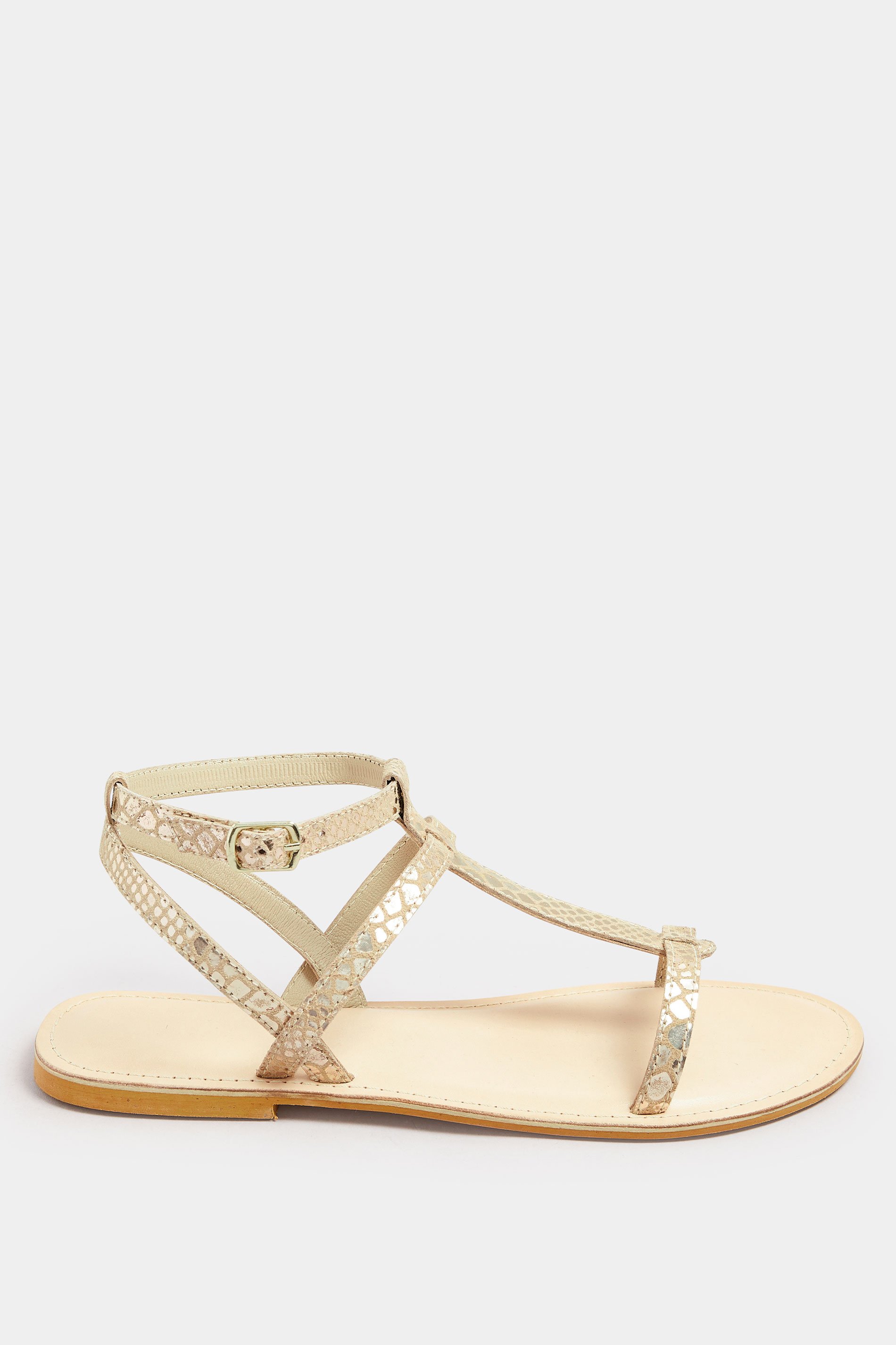 LTS Gold Leather Snake Strap Flat Sandals In Standard Fit | Long Tall Sally 5