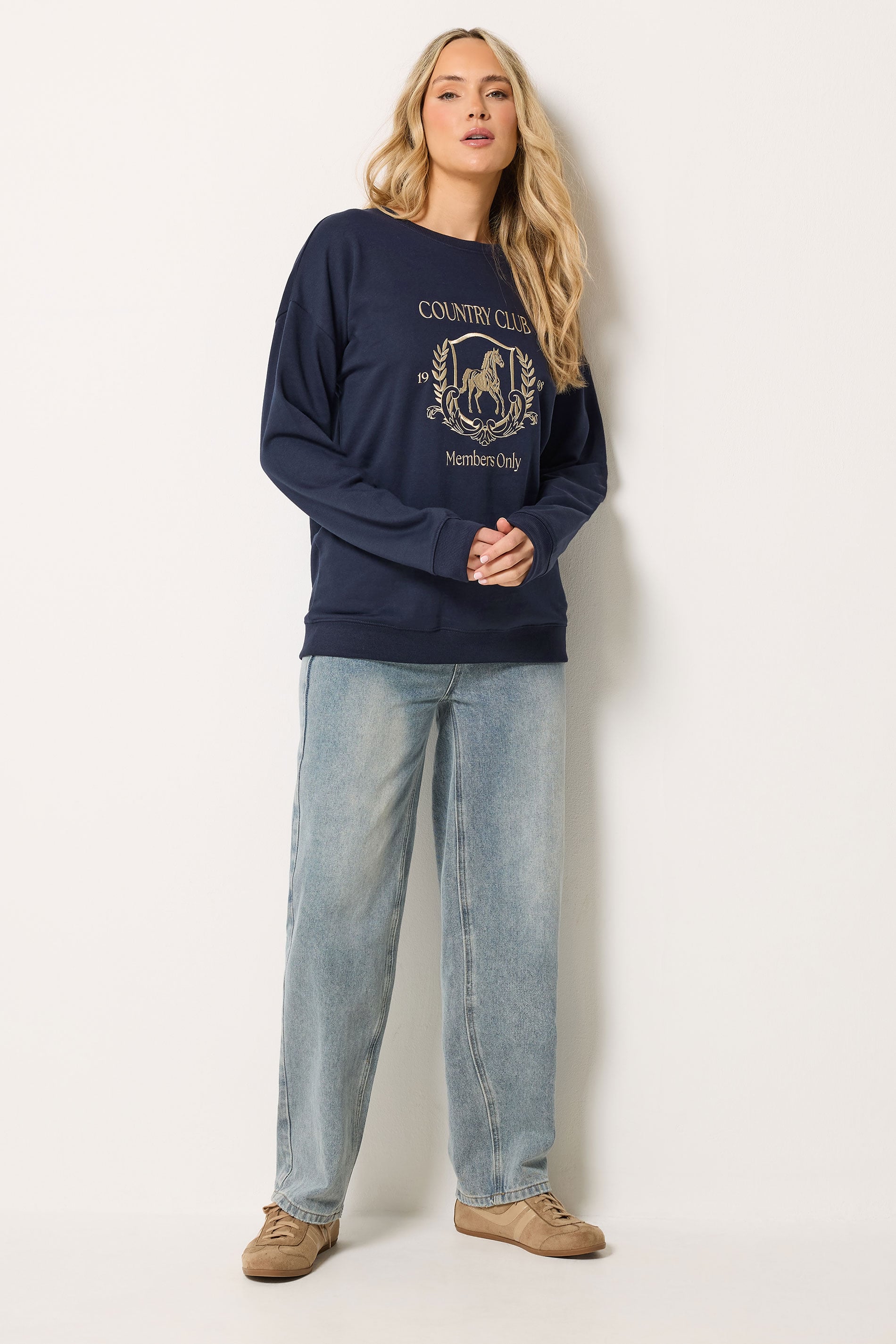 LTS Tall Women's Navy Blue 'Country Club' Embroidered Slogan Sweatshirt | Long Tall Sally 1