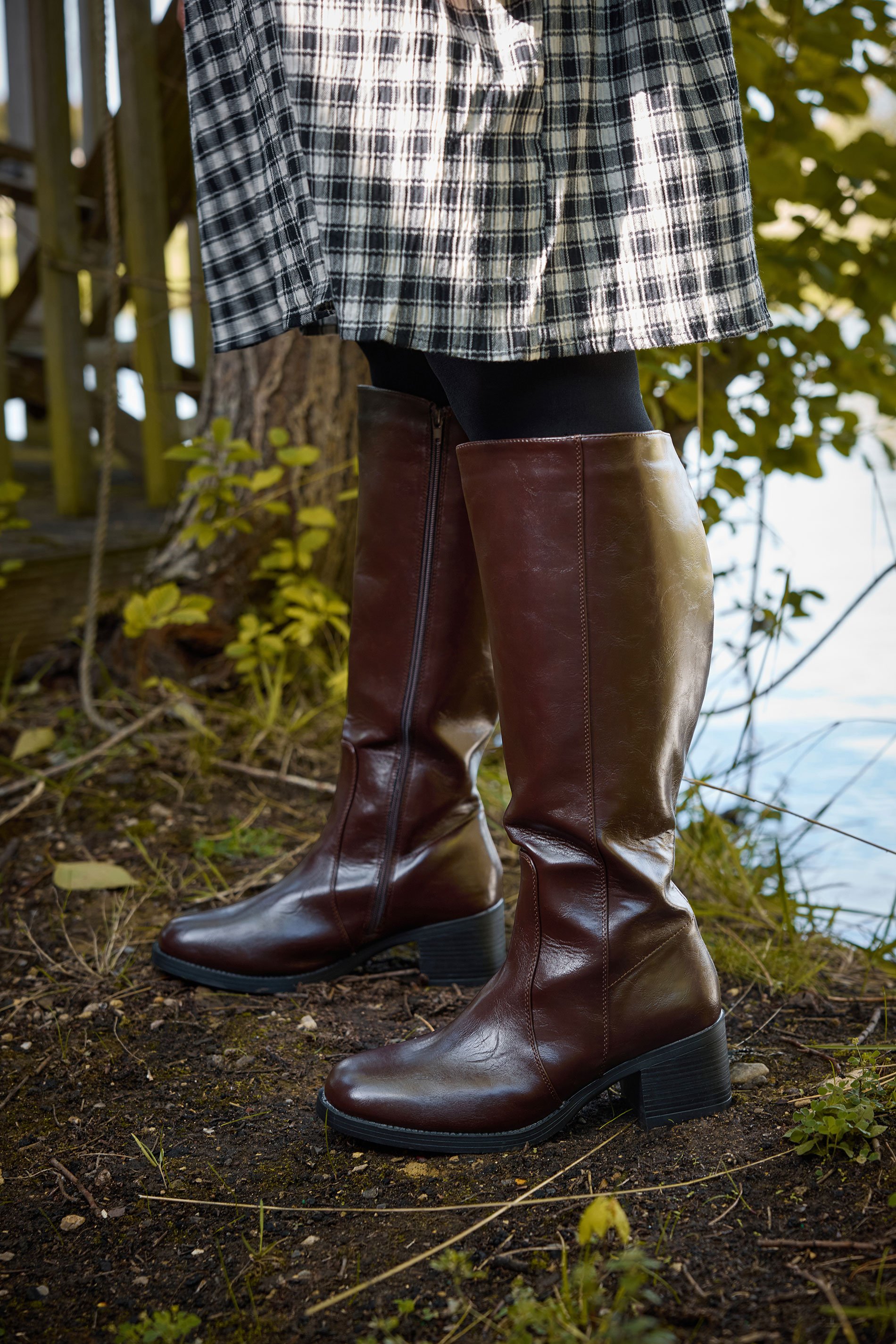 Brown Square Toe Knee High Boots In Extra Wide EEE Fit | Yours Clothing 1