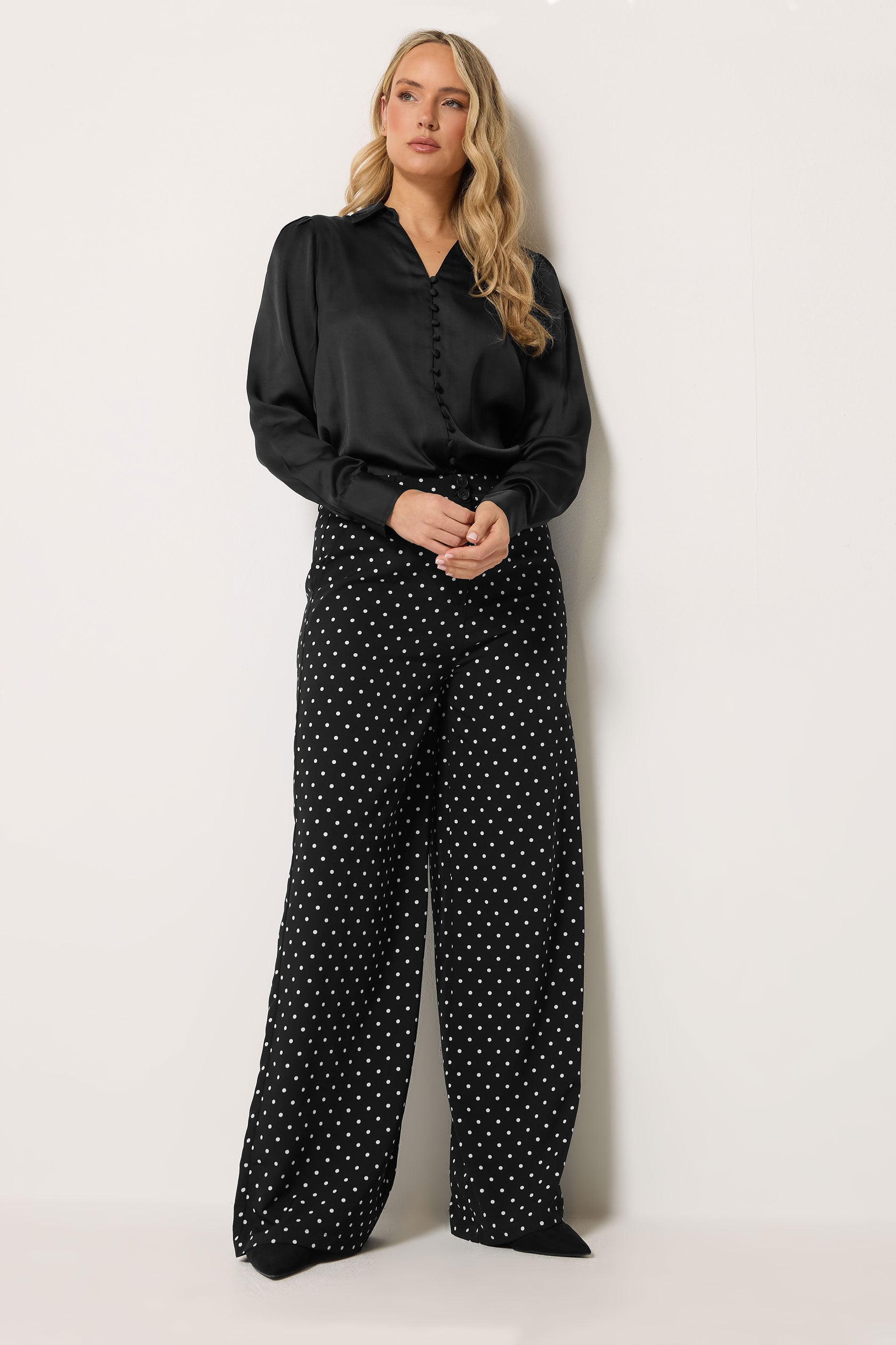 LTS Tall Women's Black Polka Dot Print Wide Leg Trousers | Long Tall Sally 1