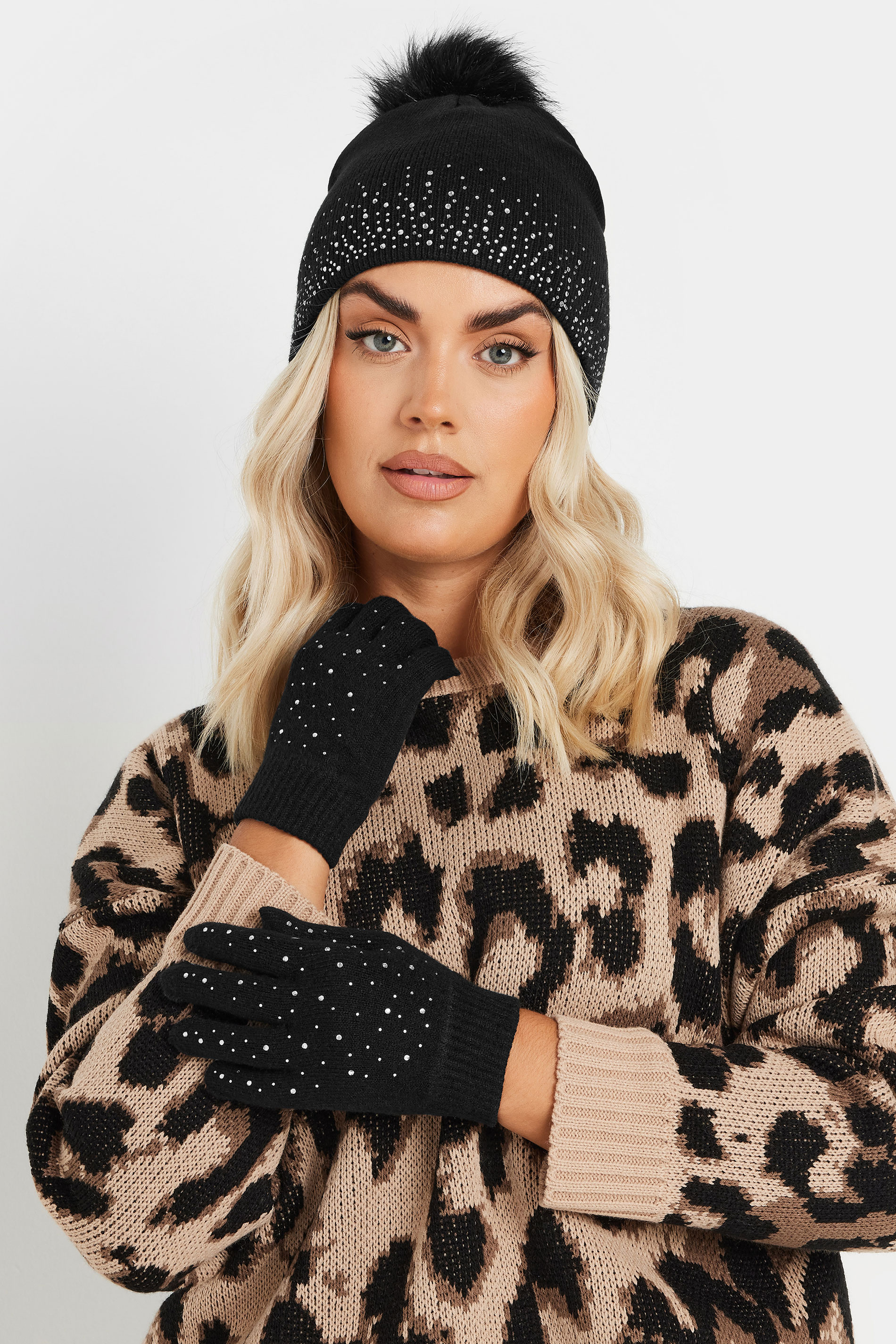 Black Diamante Embellished Bobble Hat & Glove Set | Yours Clothing 1