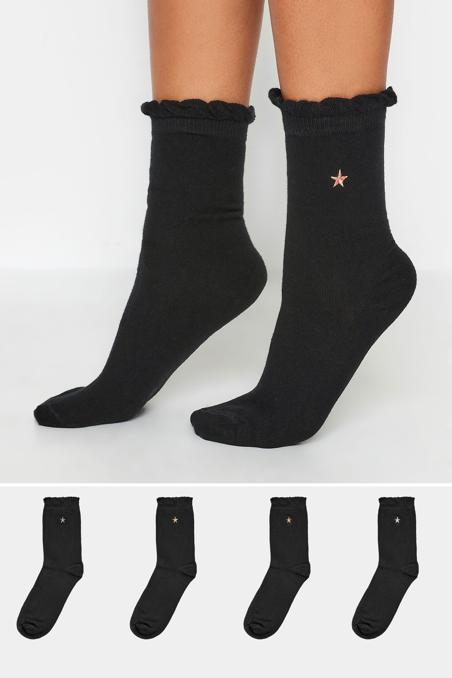 YOURS 4 PACK Black Embroidered Star Ankle Socks | Yours Clothing 1