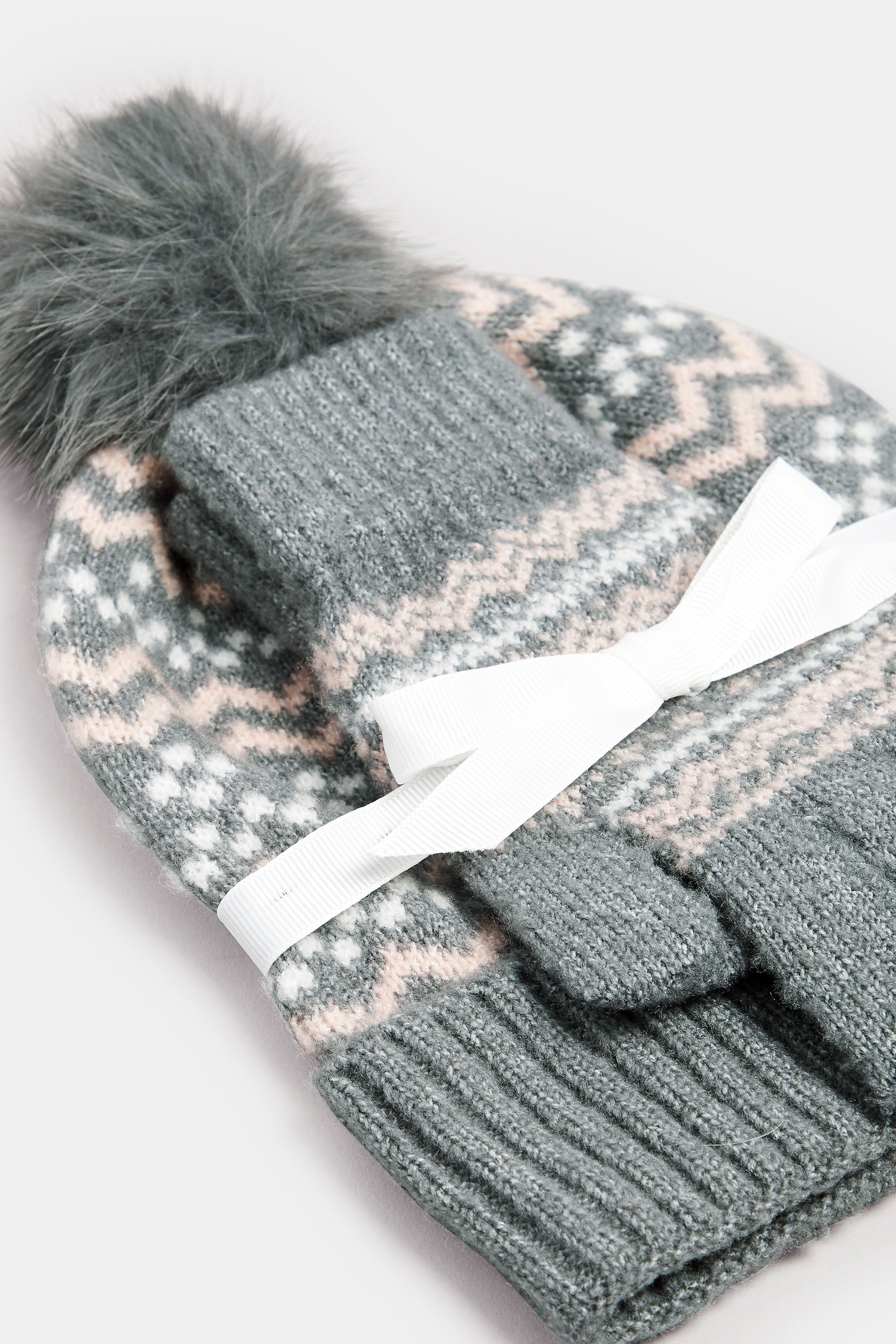 Grey Fairisle Bobble Hat & Glove Set | Yours Clothing 3