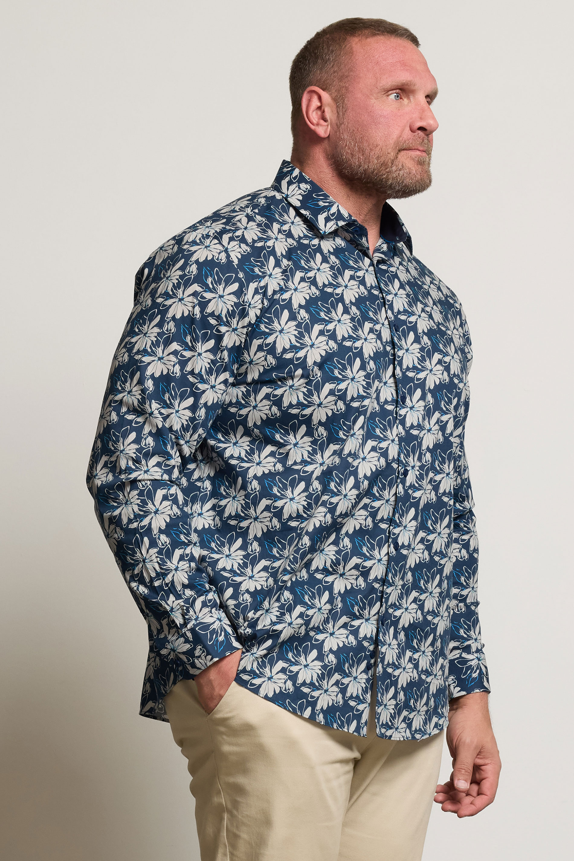 BadRhino Tailoring Big & Tall Navy Blue Premium Leaf Print Long Sleeve Shirt | BadRhino 5