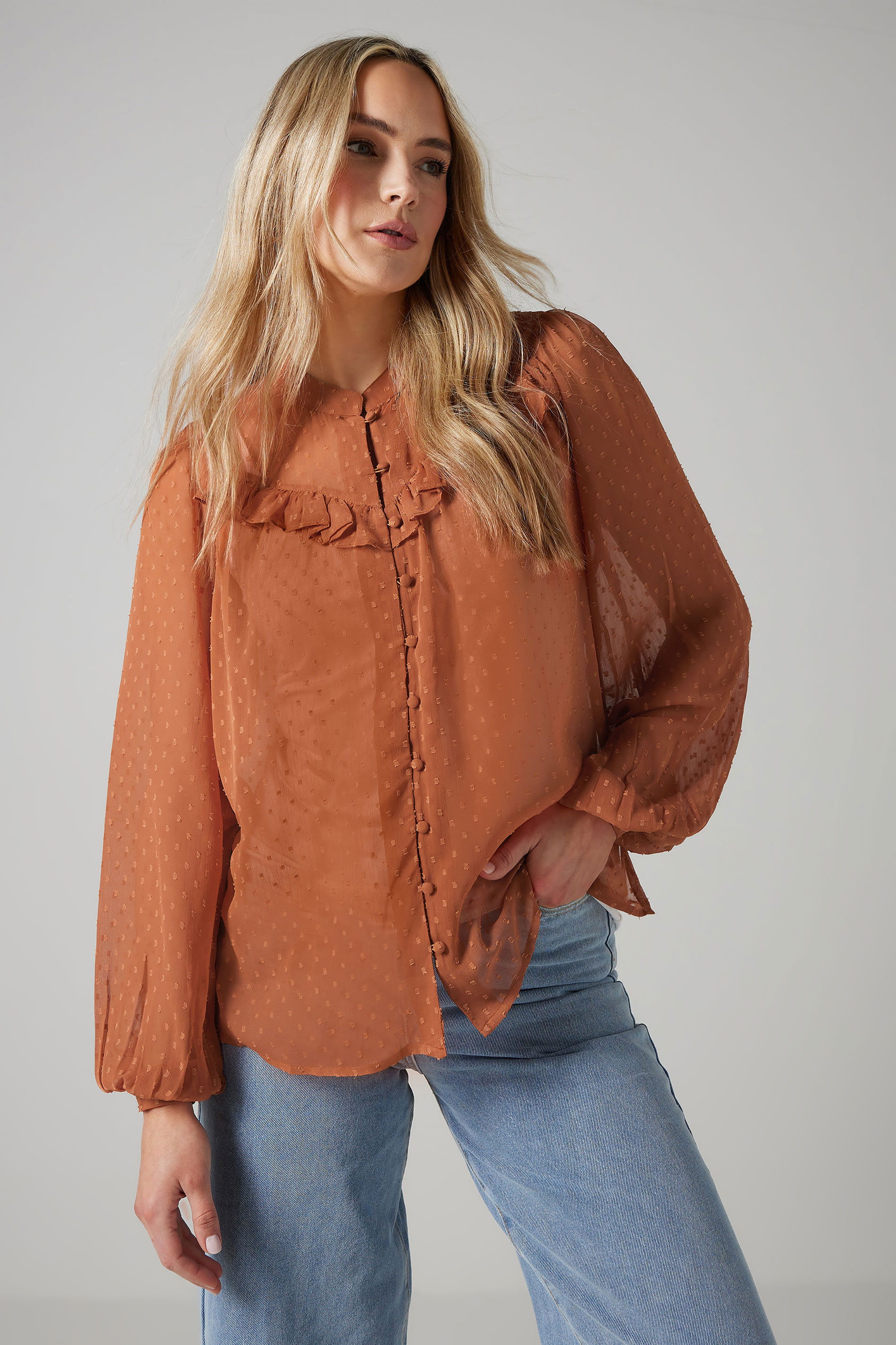 LTS Tall Coral Pink Sheer Dobby Frill Blouse | Long Tall Sally 2