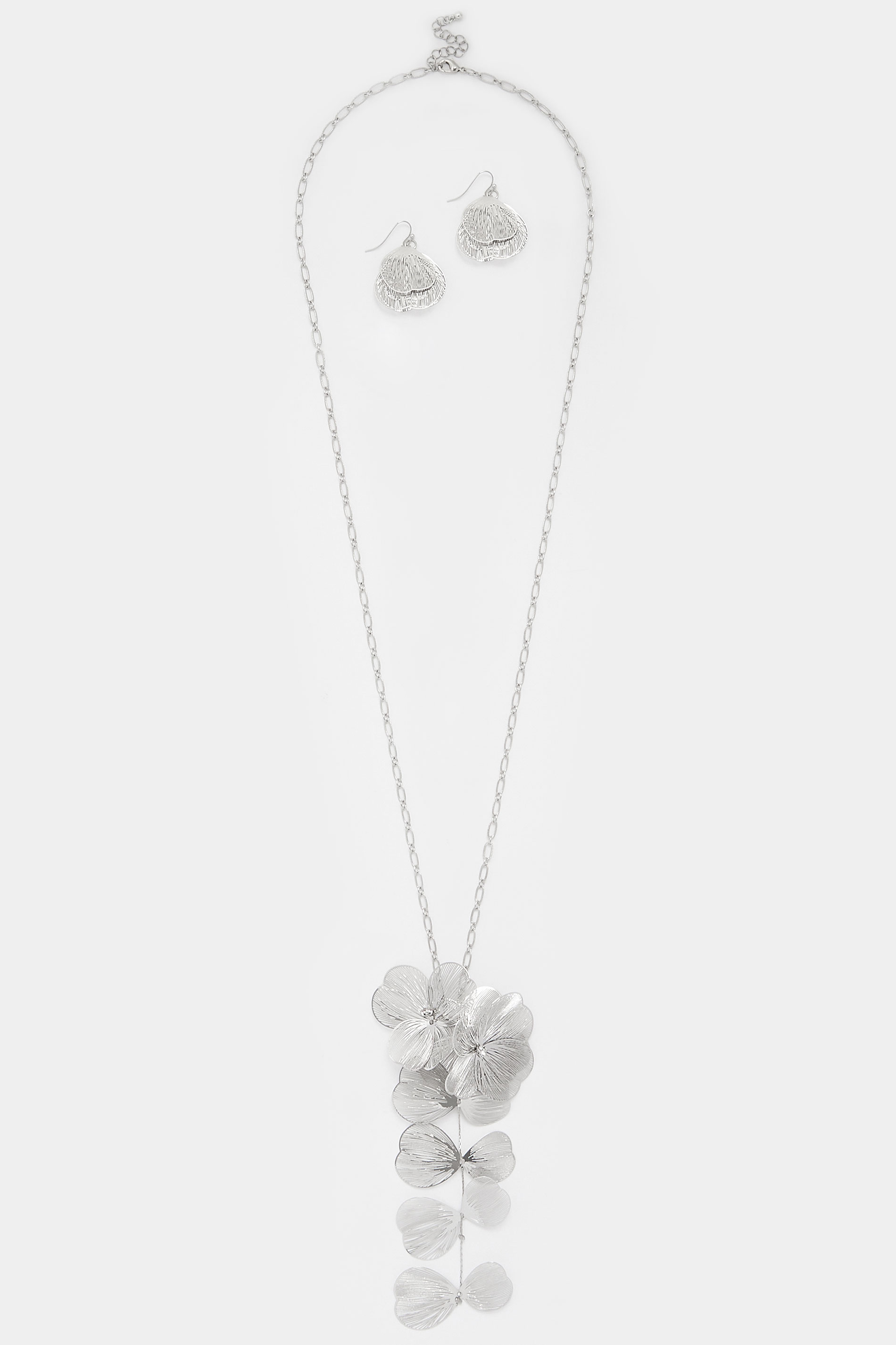 Silver Tone Long Flower Necklace & Earrings Set | Yours Clothing 3