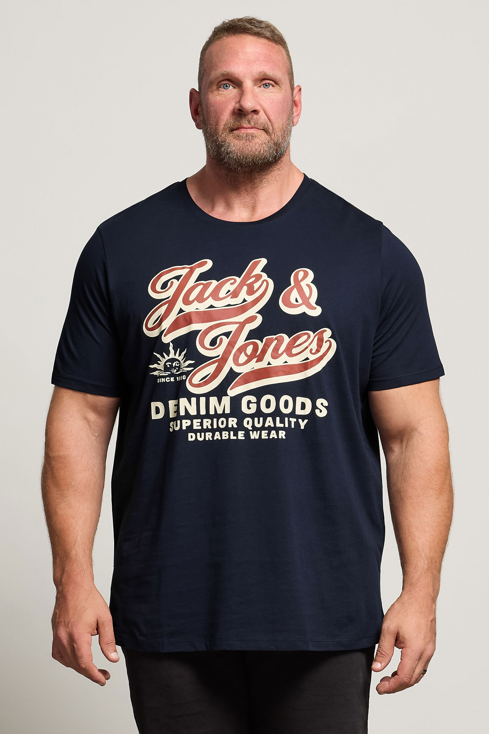 JACK & JONES Big & Tall Navy Blue Logo Chest Print T-Shirt | BadRhino 1