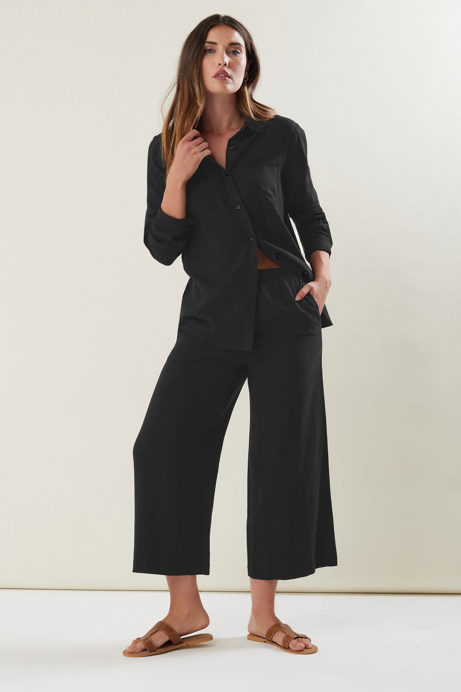 LTS Tall Black Wide Leg Cropped Linen Trousers 2