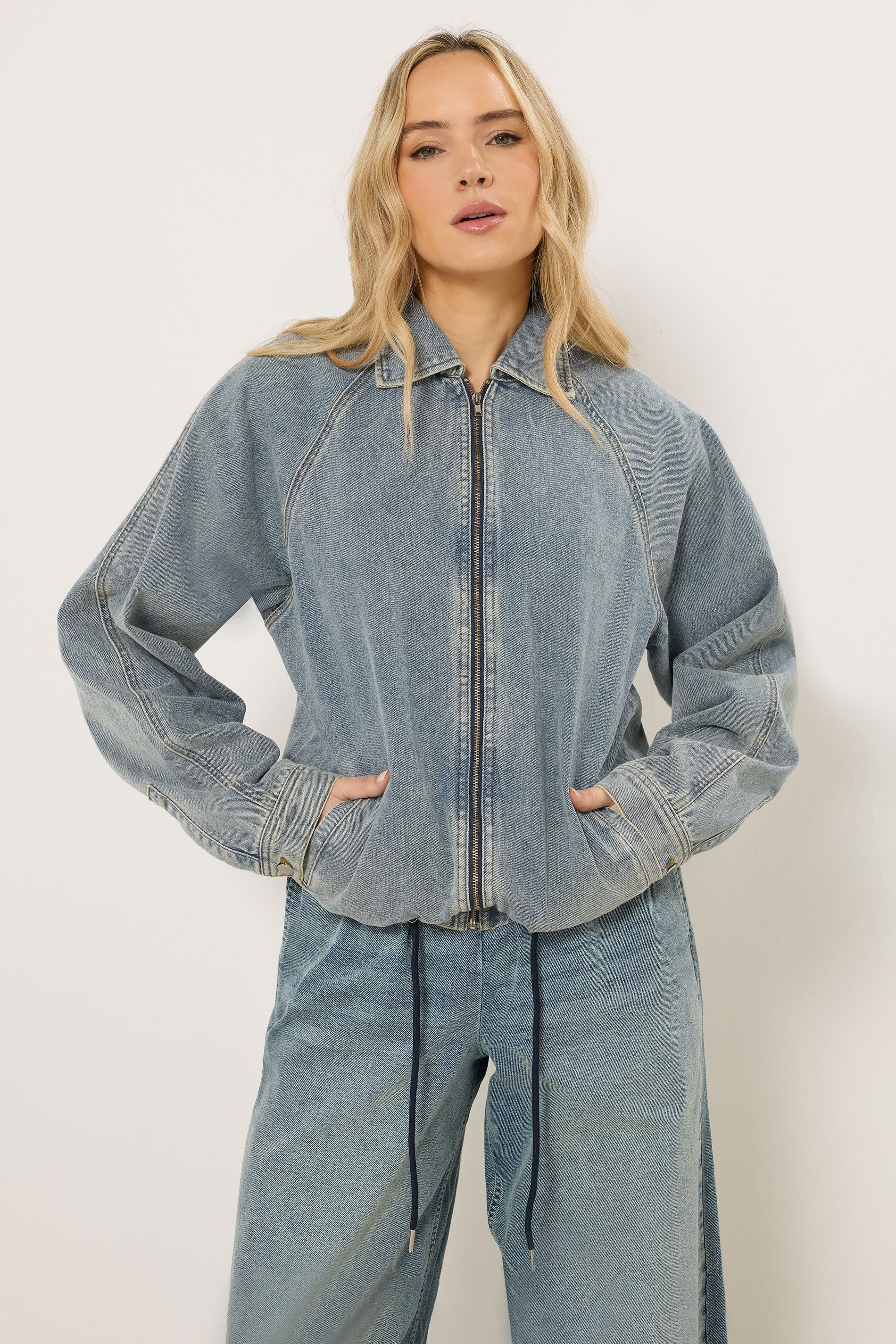 LTS Tall Women's Blue Washed Denim Bomber Jacket | Long Tall Sally 2