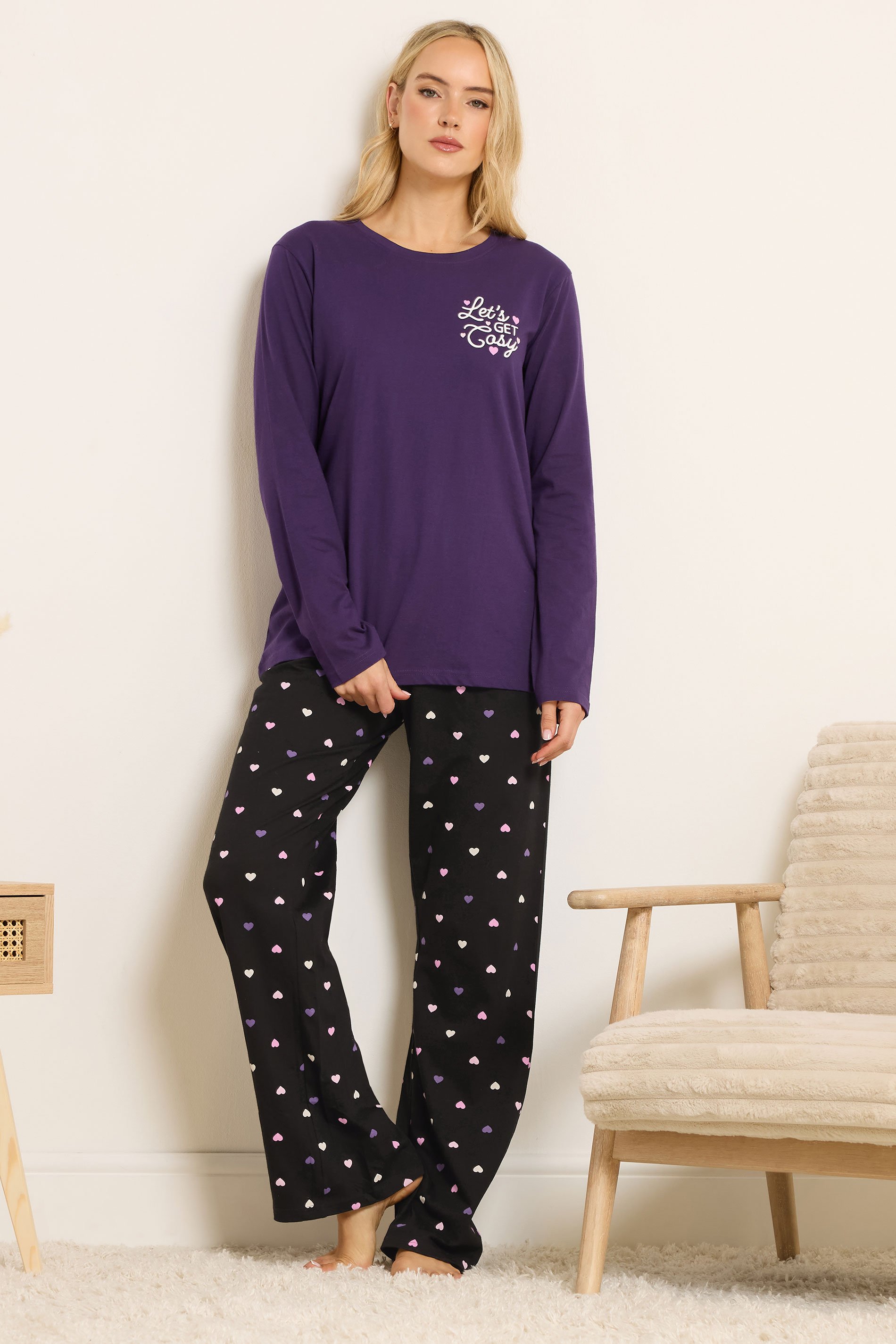 LTS Tall Purple 'Let's Get Cosy' Slogan Pyjama Set | Long Tall Sally 2