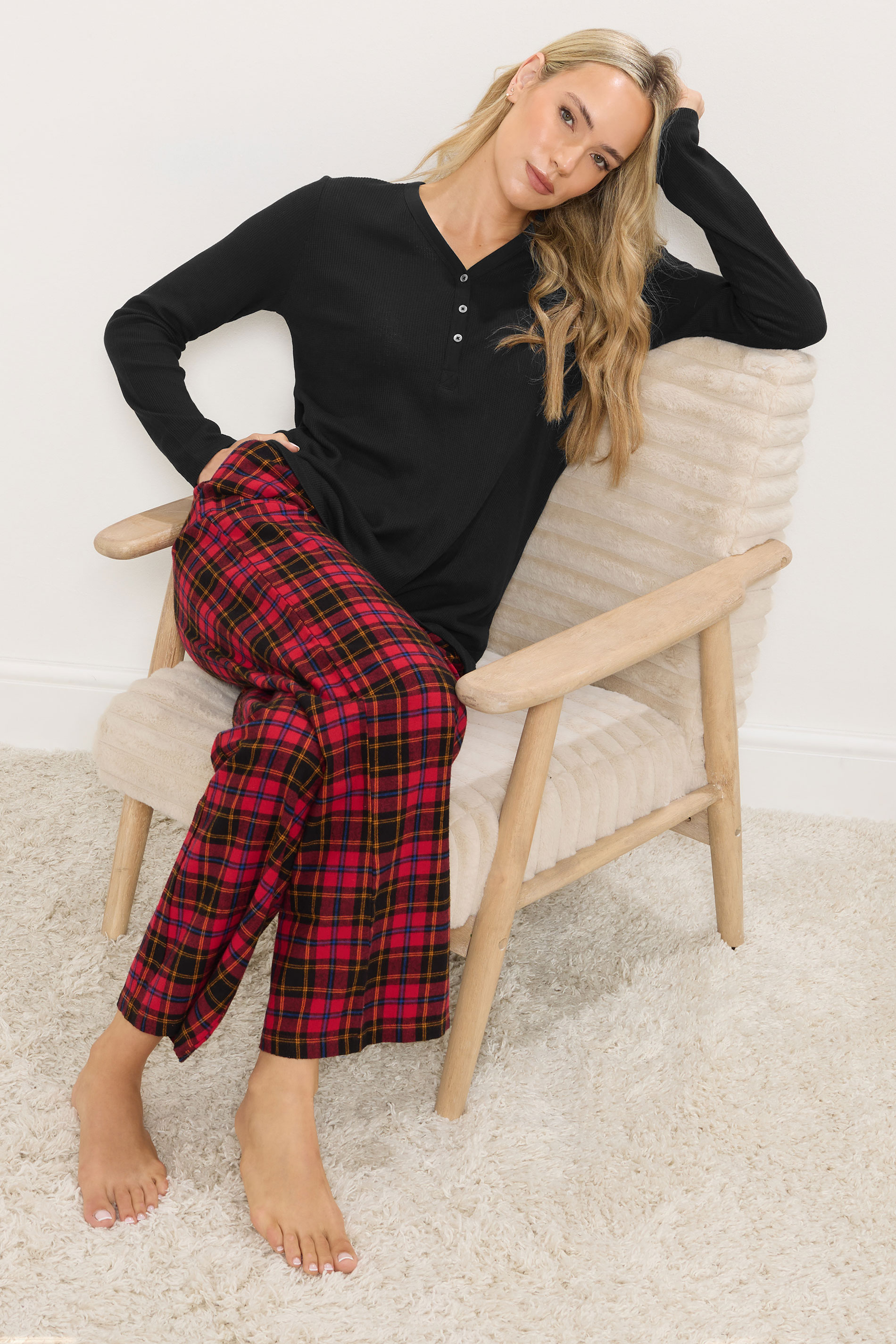 LTS Tall Black Cotton Waffle Pyjama Top | Long Tall Sally 3