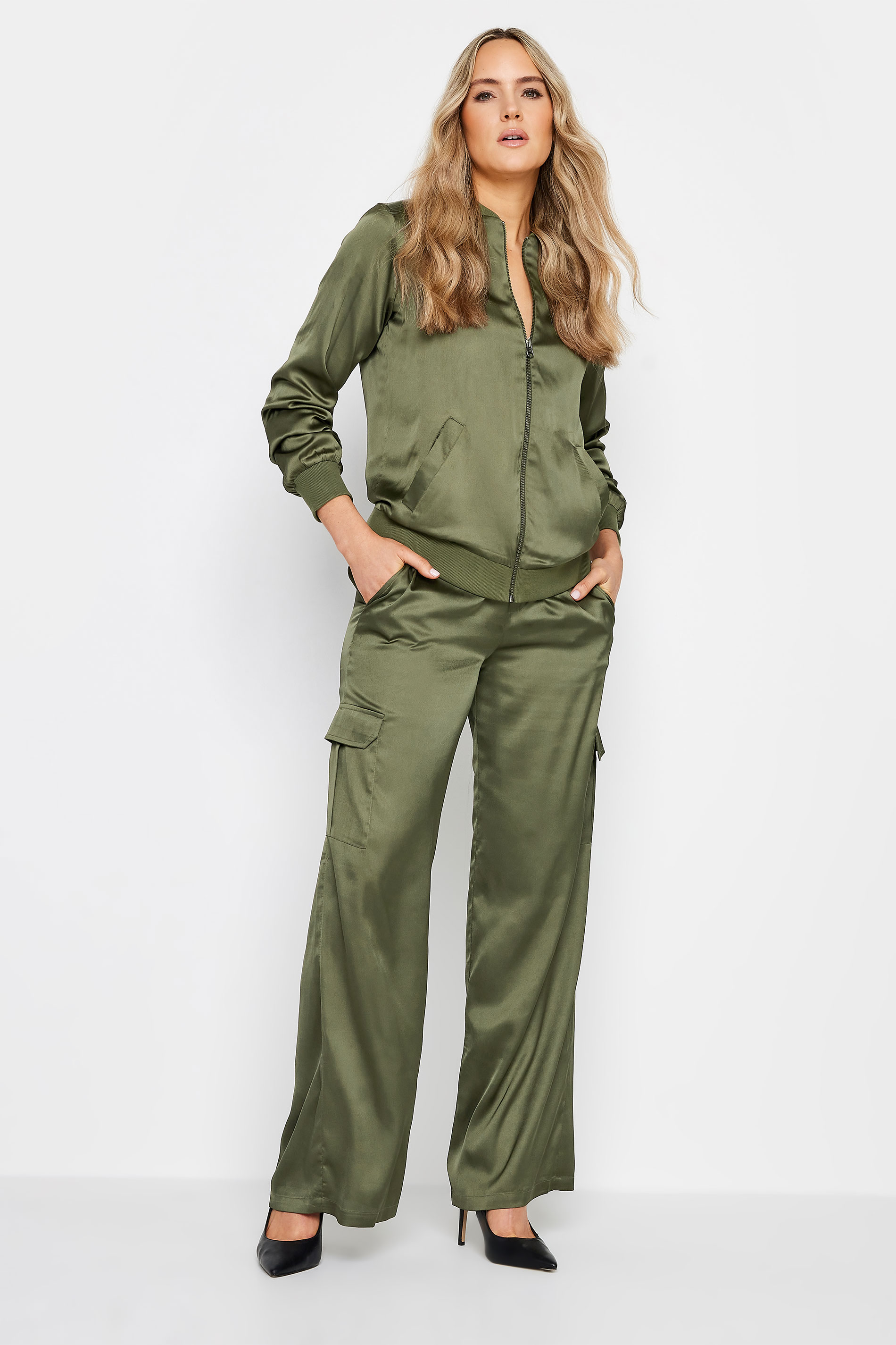 LTS Tall Womens Khaki Green Satin Wide Leg Trousers | Long Tall Sally  3