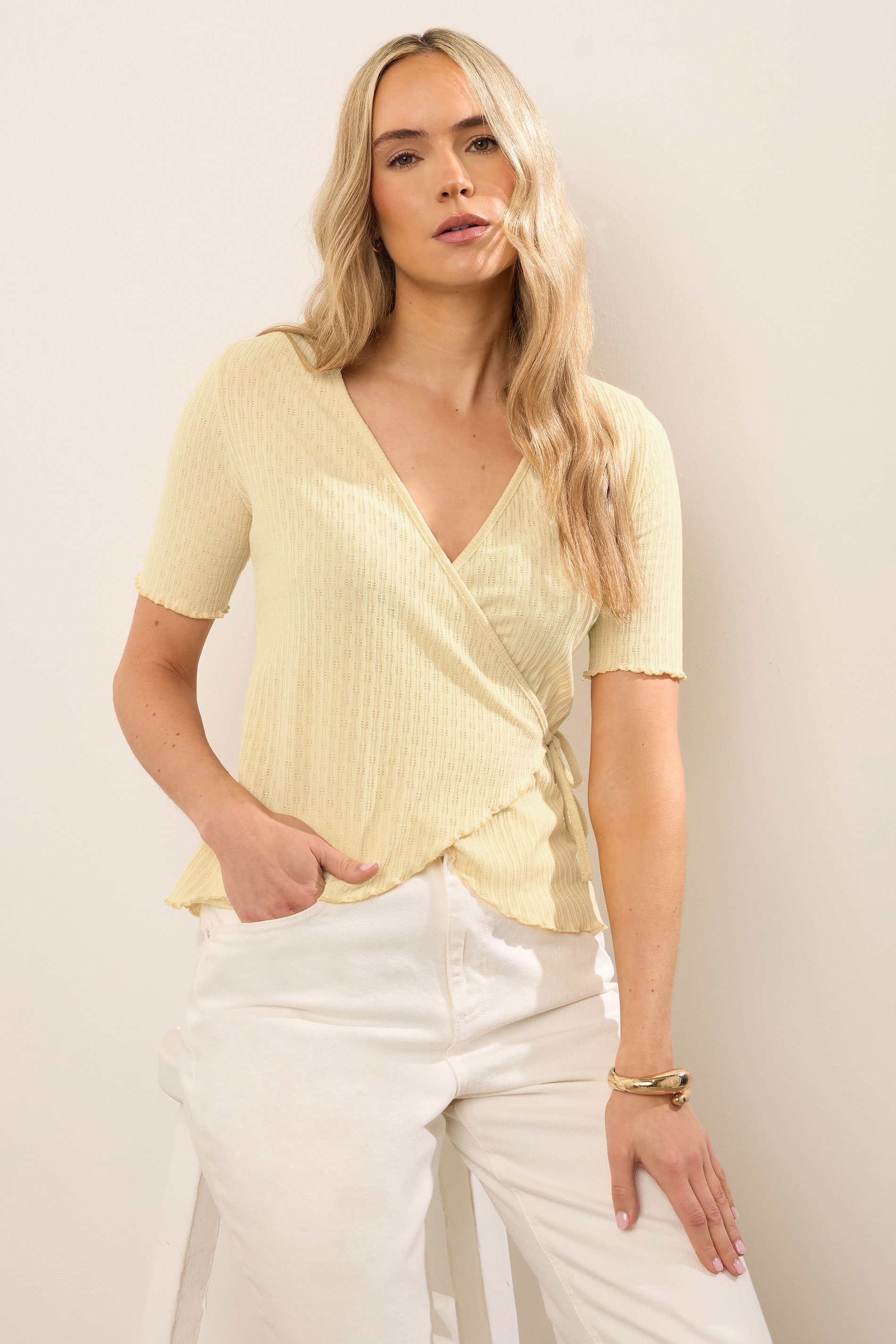 LTS Tall Yellow Pointelle Knit Wrap Top | Long Tall Sally 1