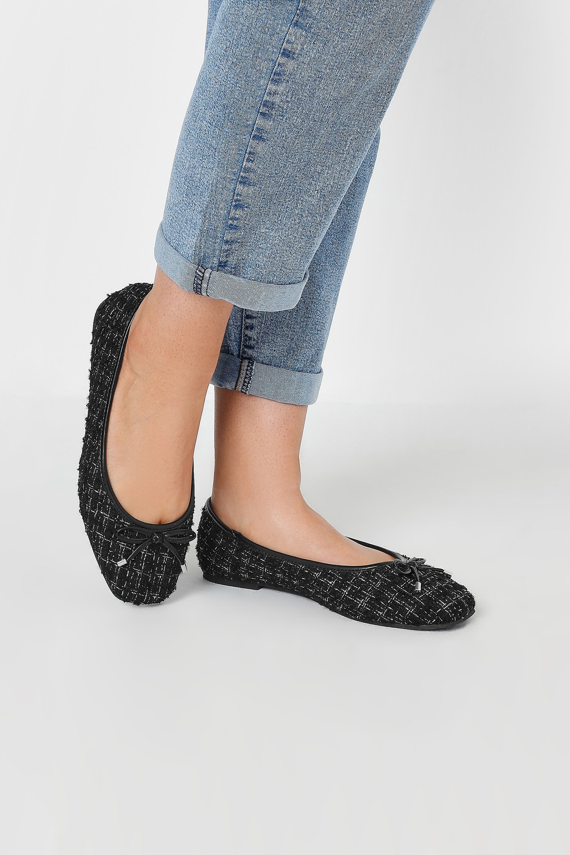 Black Boucle Ballerina Pumps In Extra Wide EEE Fit | Yours Clothing 2