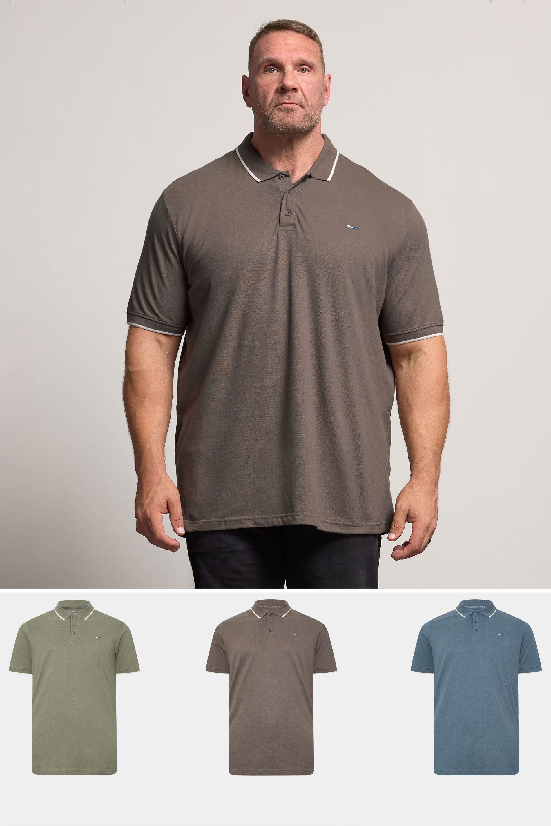 BadRhino Big & Tall 3 PACK Blue/Green/Brown Tipped Polo Shirt | BadRhino 1