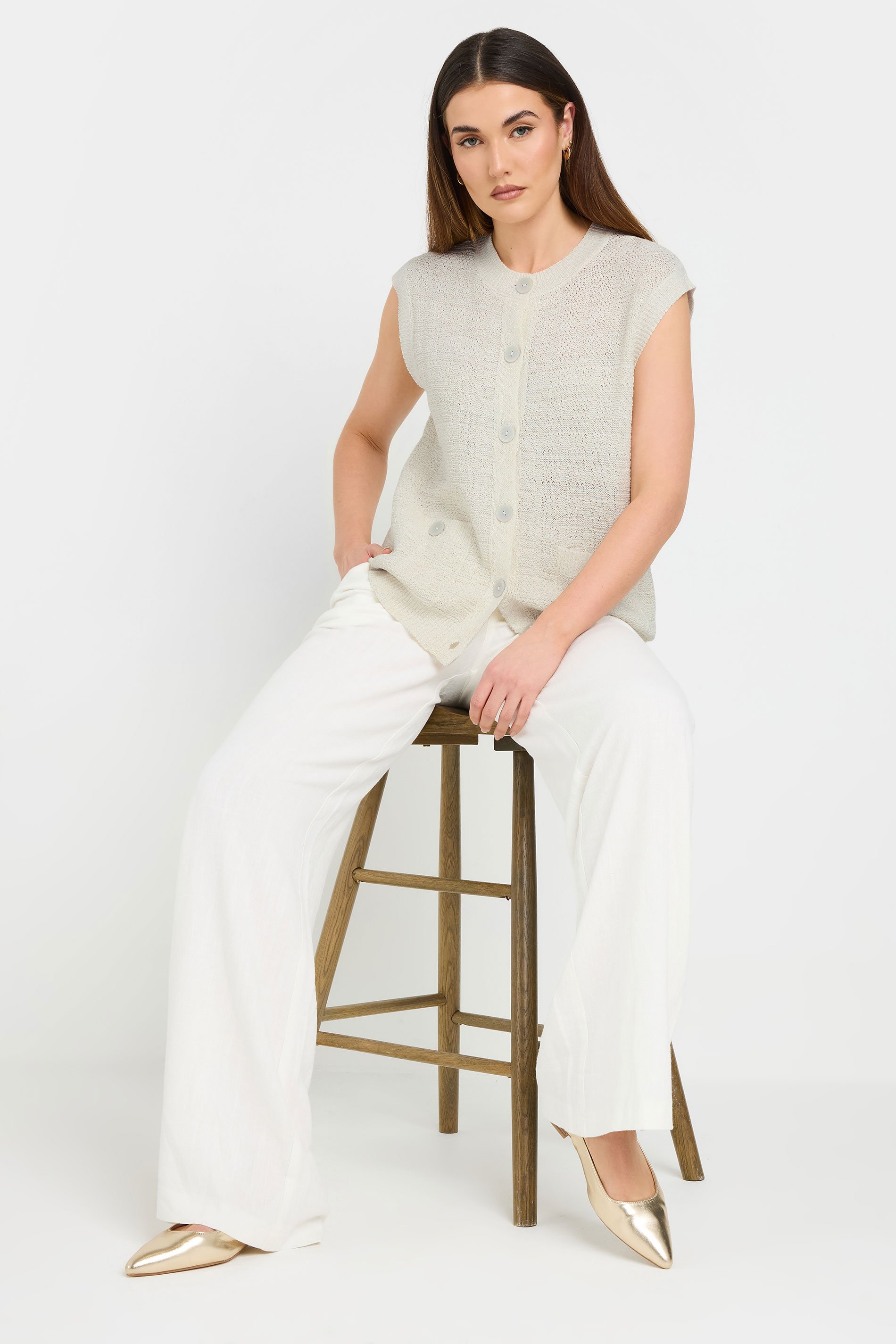 LTS Tall Ivory White Knitted Metallic Button Vest Top | Long Tall Sally 3