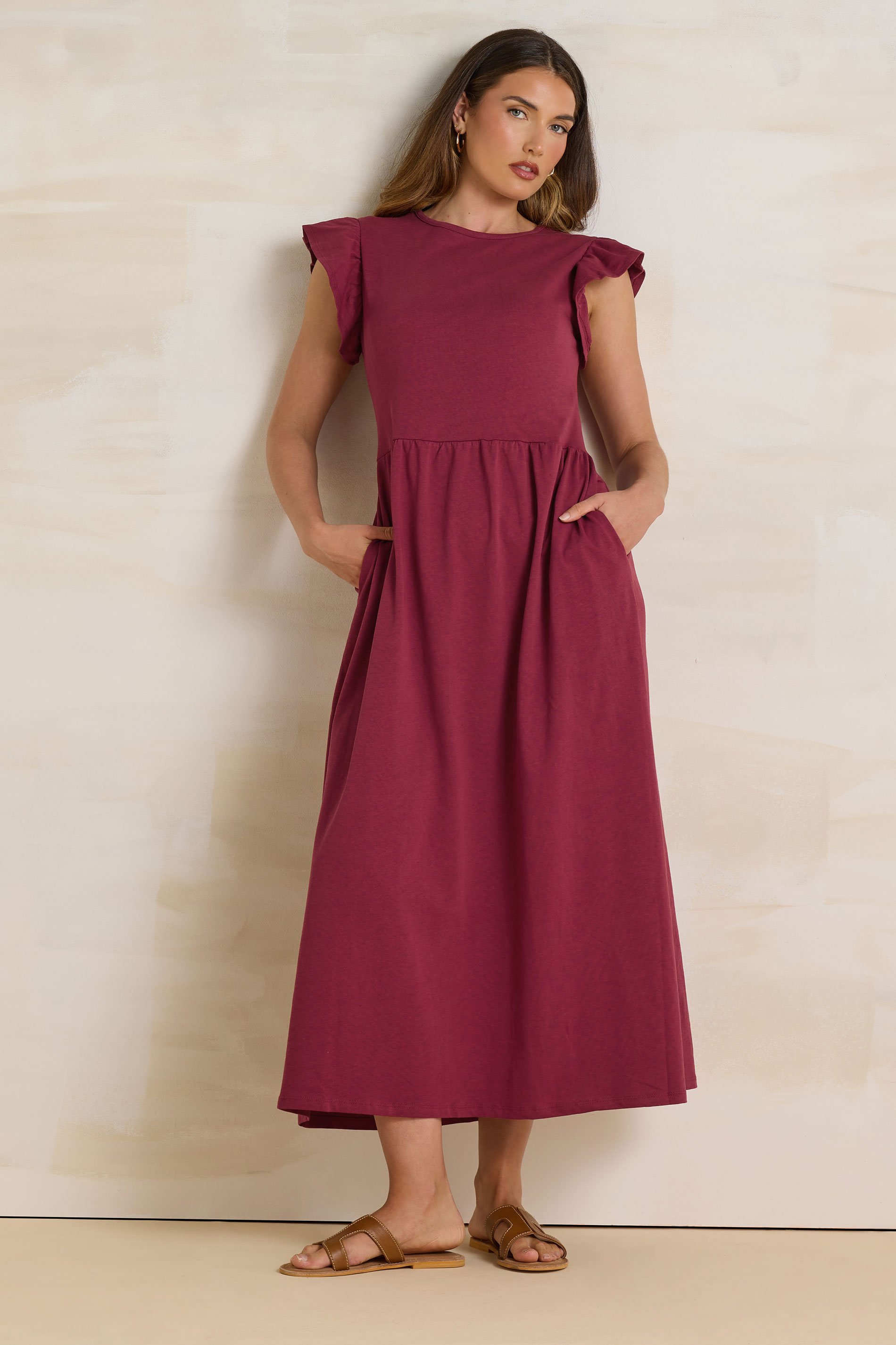 LTS Tall Dark Red Frill Sleeve Maxi Dress | Long Tall Sally 2
