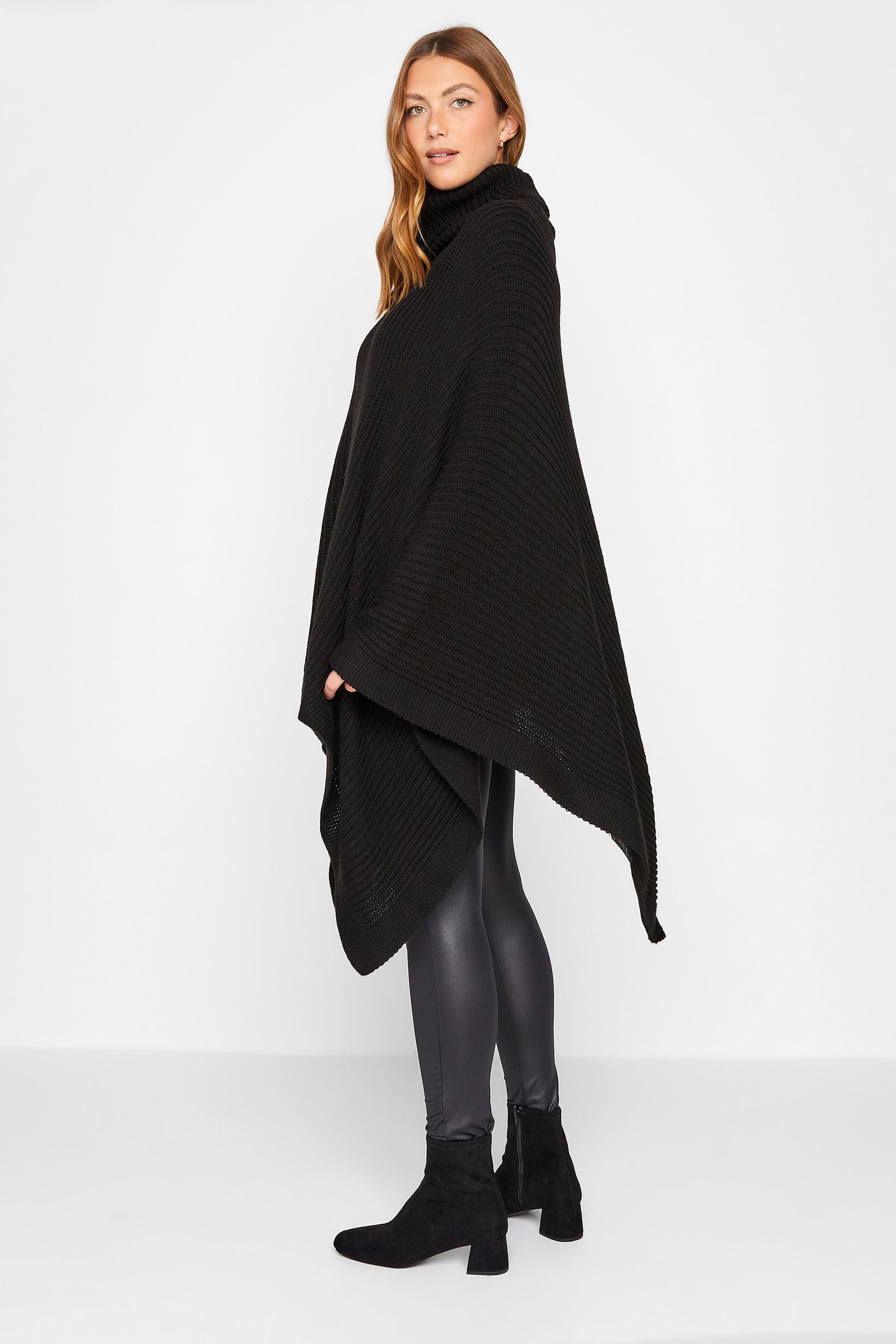 LTS Tall Women's Black Roll Neck Knitted Poncho | Long Tall Sally 1