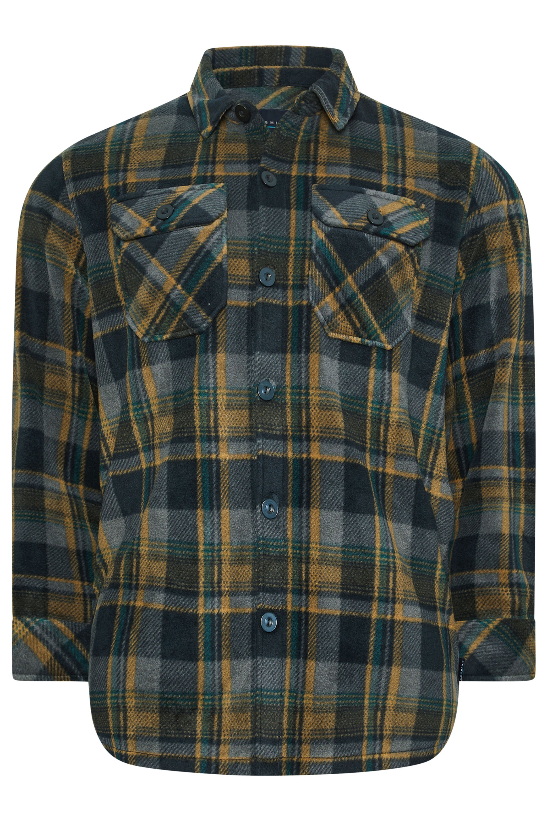 BadRhino Big & Tall Blue & Yellow Checked Fleece Button Down Shacket | BadRhino 4