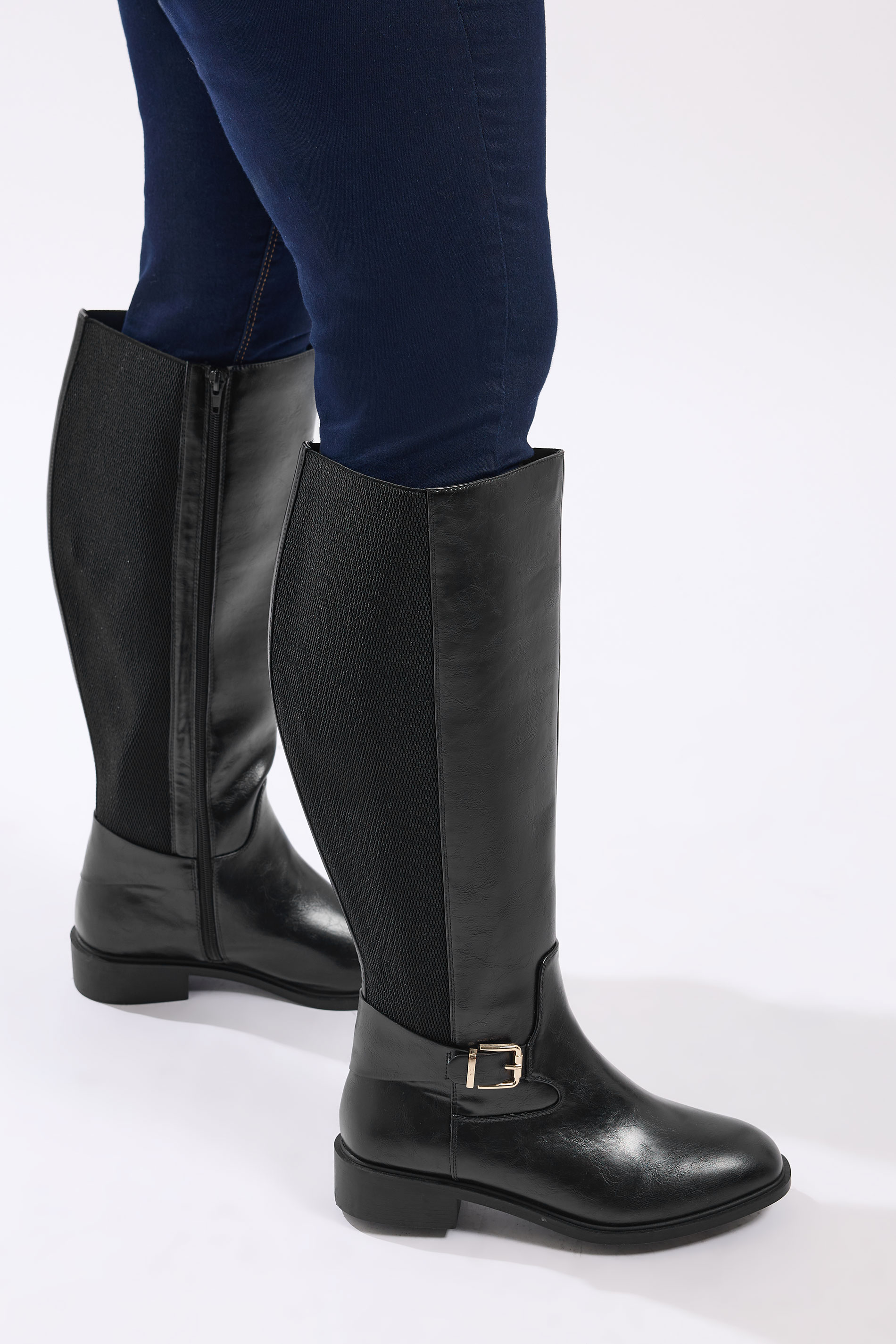 Black Buckle Stretch Knee High Boots In Extra Wide EEE Fit | Yours Clothing 2