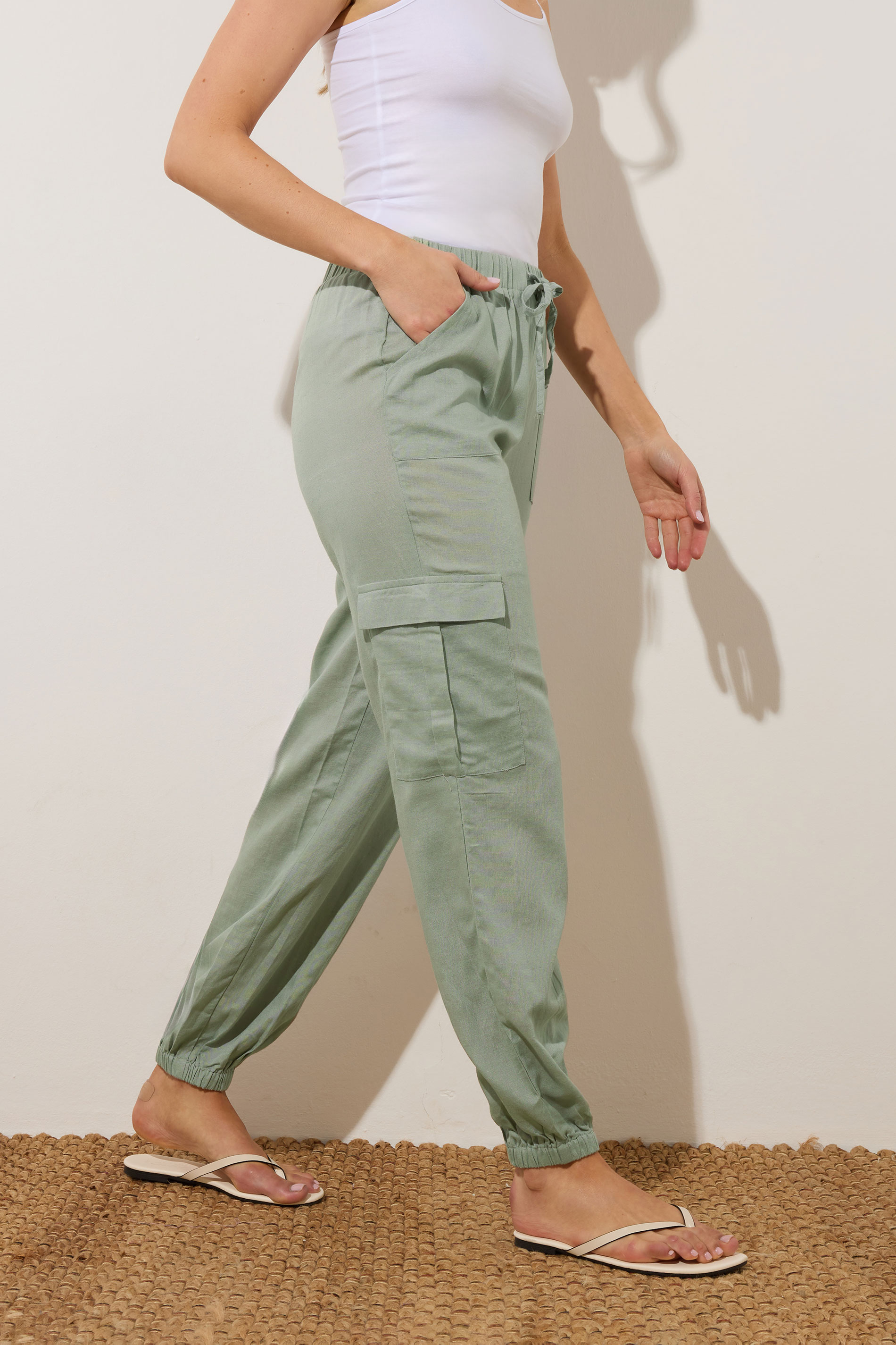 LTS Tall Sage Green Linen Cargo Trousers | Long Tall Sally 3