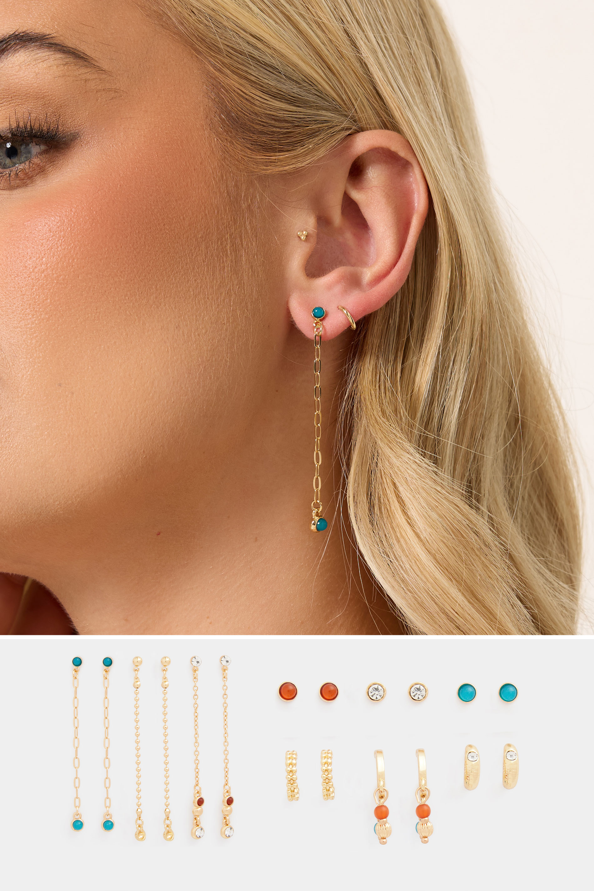 YOURSET 9 PACK Gold Tone Mixed Earrings Set | Yours Clothing 1