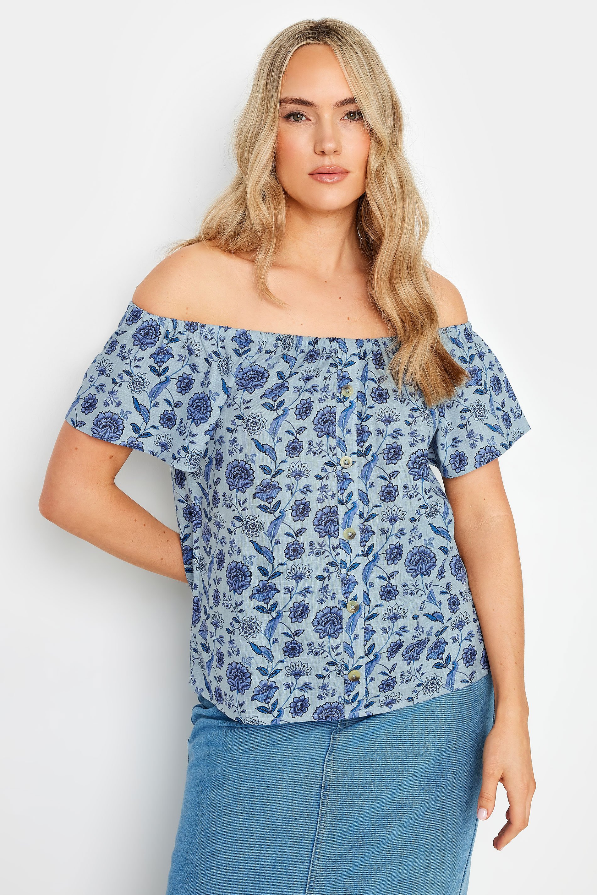 LTS Tall Women's Blue Floral Print Button Detail Bardot Top | Long Tall Sally 2
