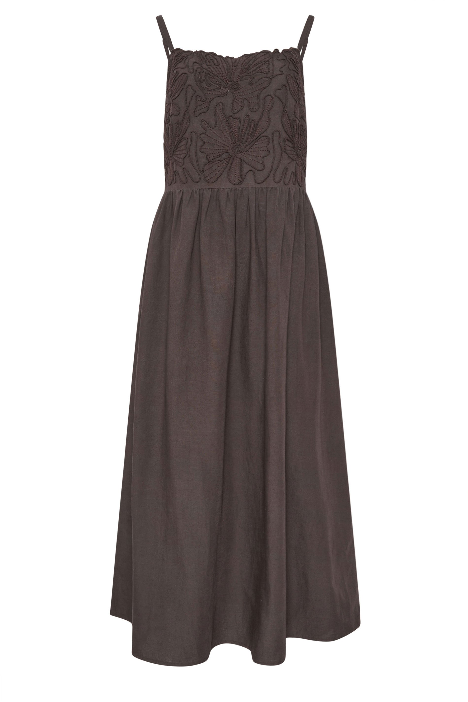 LTS Tall Women's Chocolate Brown Linen Embroidered Midi Dress | Long Tall Sally 2