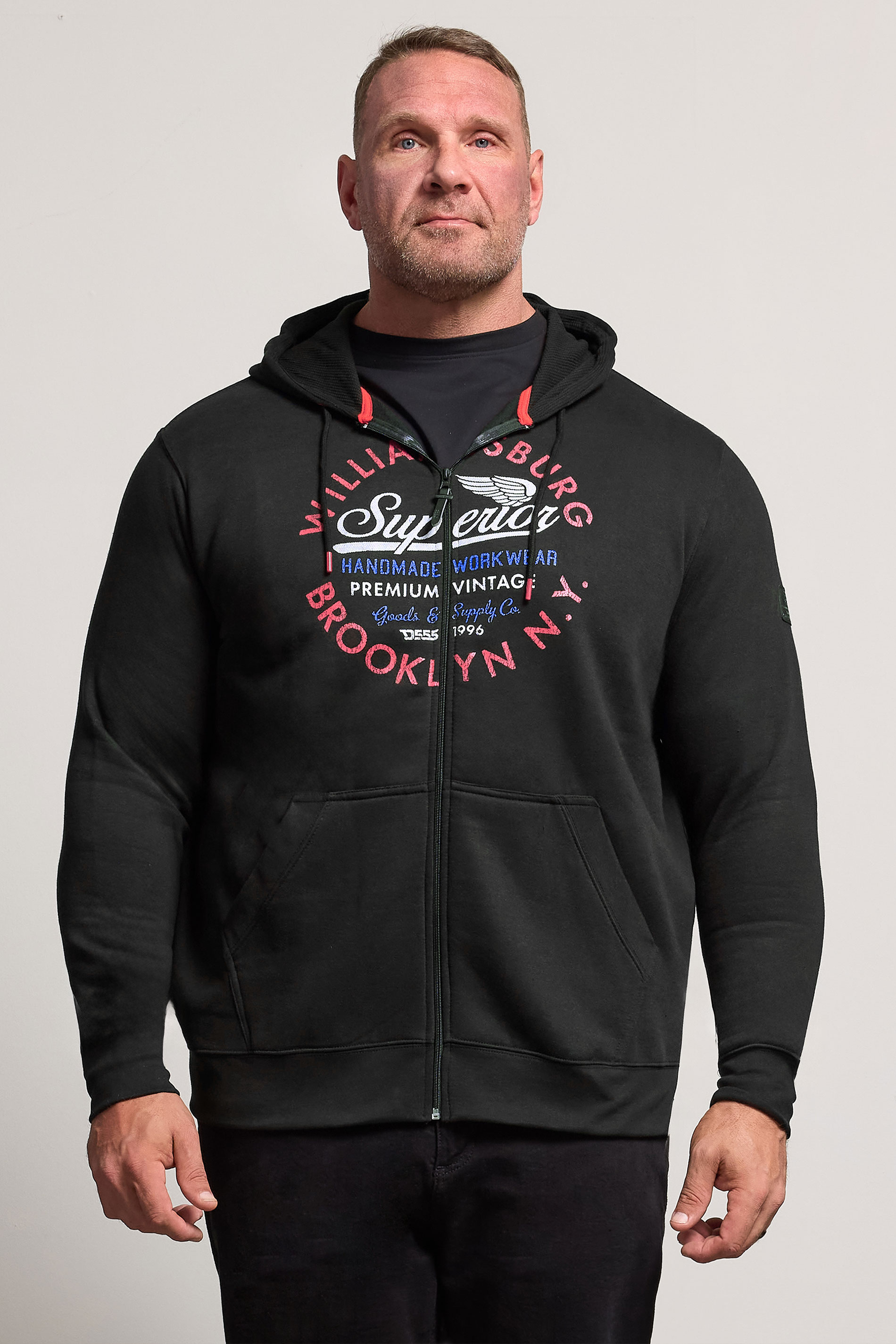 D555 Big & Tall Black 'Brooklyn N.Y.' Zip Through Hoodie | BadRhino 1