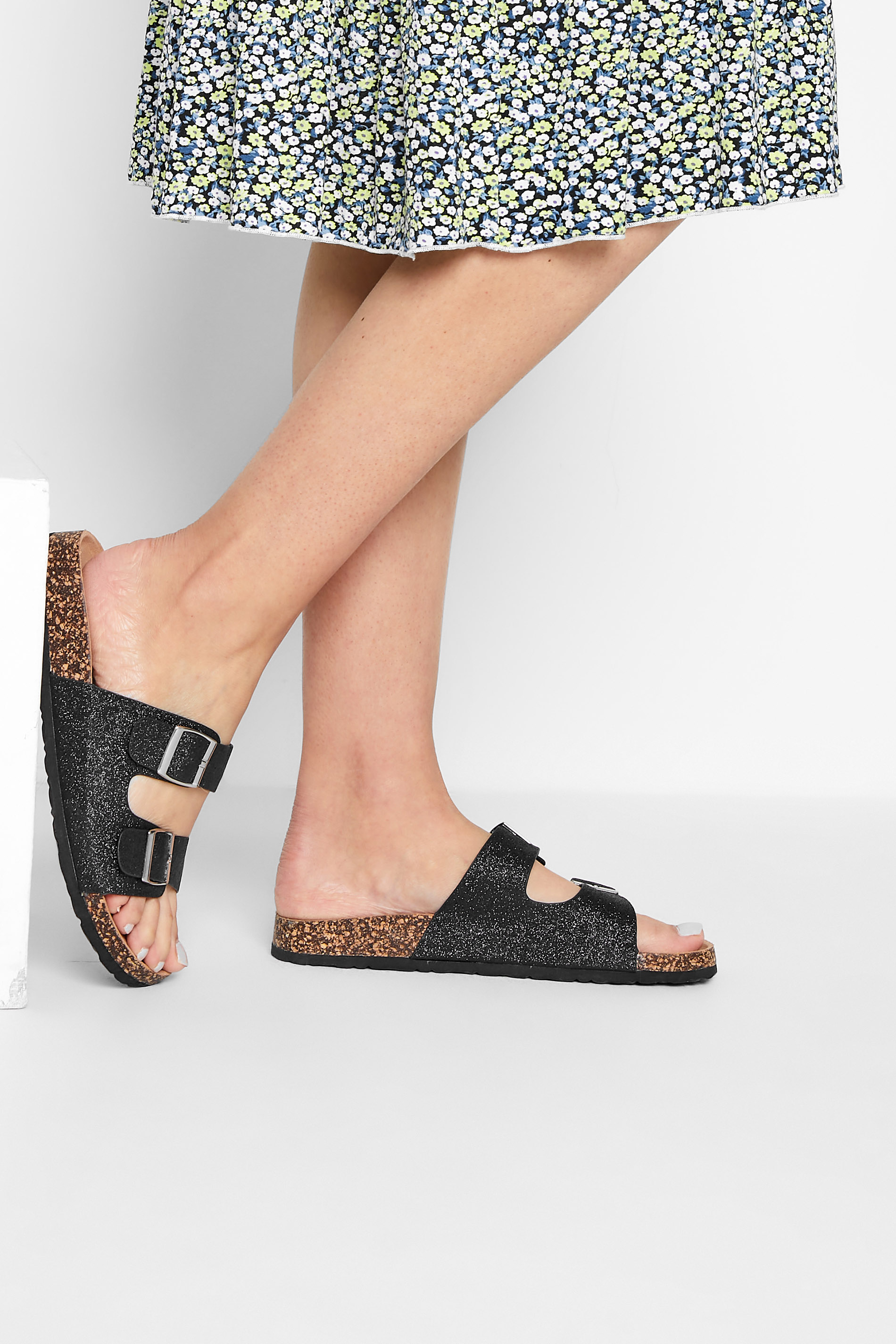 LTS Black Glitter Buckle Strap Sandals In Standard Fit | Long Tall Sally  1