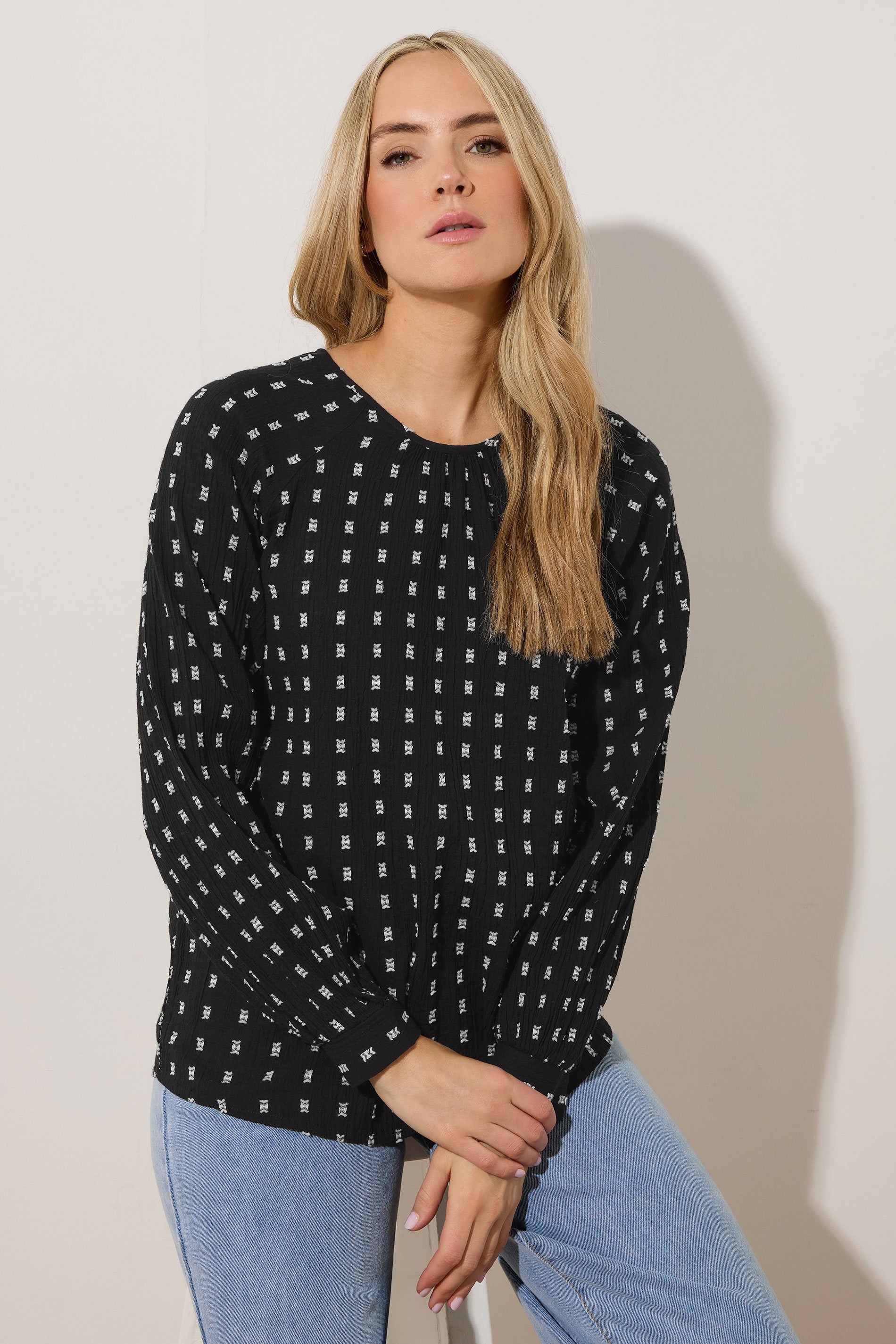 LTS Tall Black Woven Spot Raglan Blouse | Long Tall Sally 1