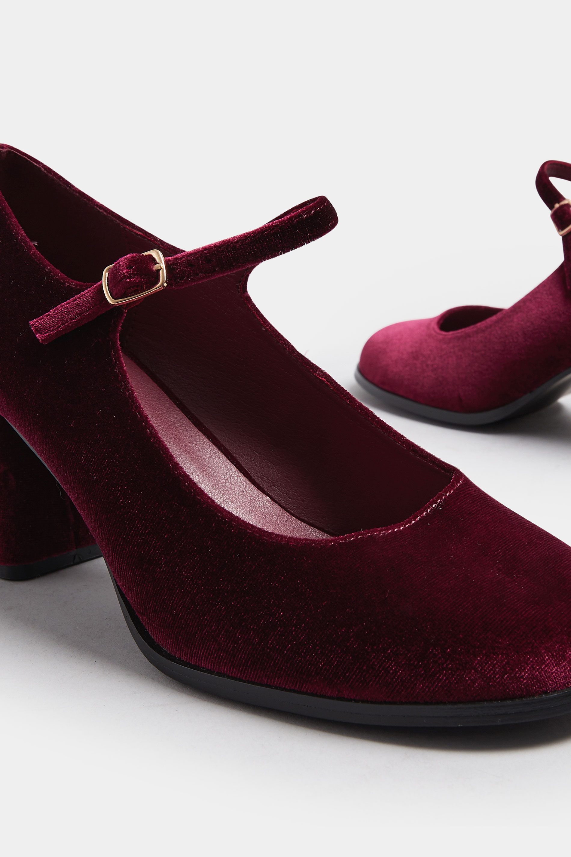 Burgundy Red Velvet Mary Jane Block Heels In Extra Wide EEE Fit | Yours Clothing 5