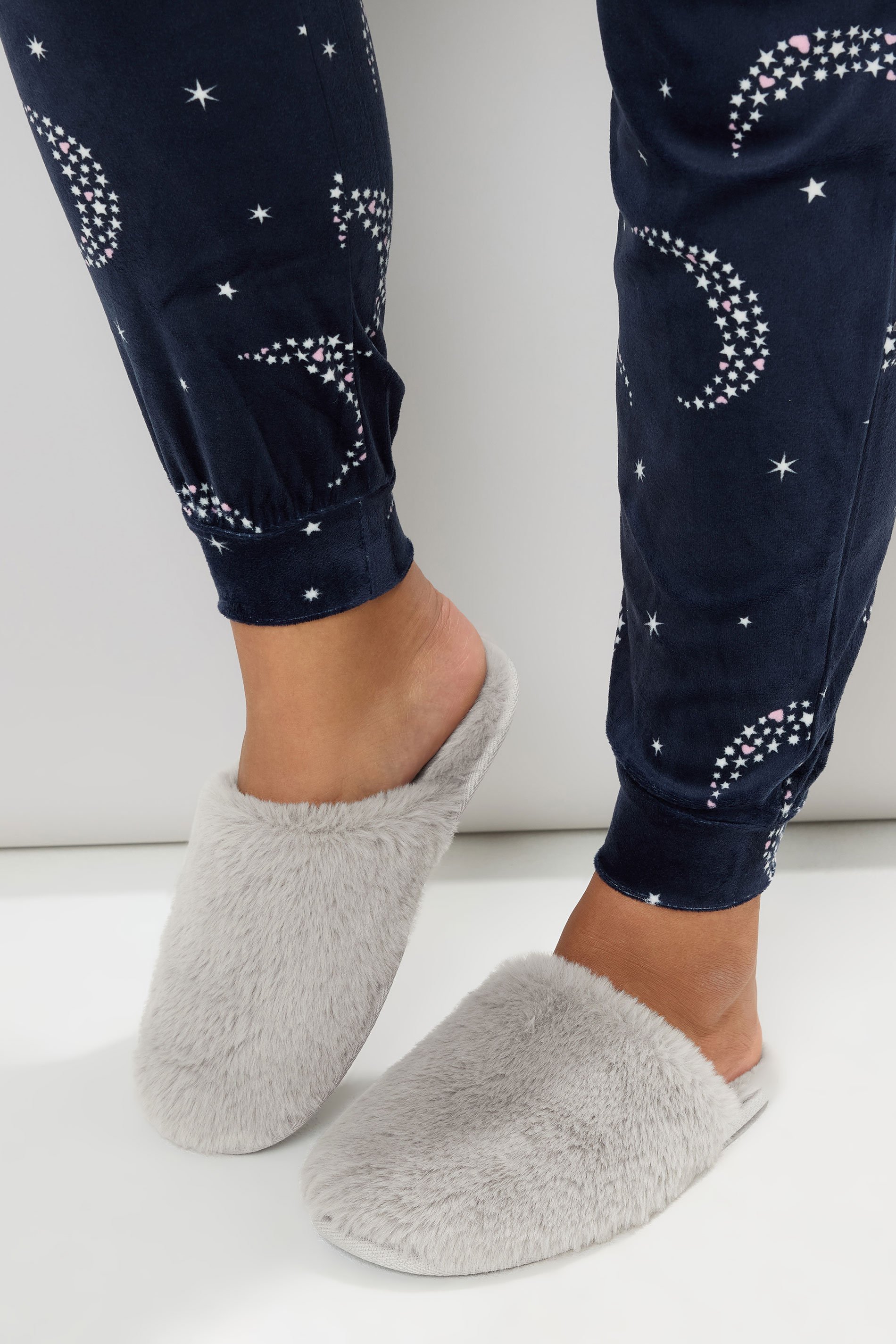 Grey Plush Faux Fur Mule Slippers | Yours Clothing 1