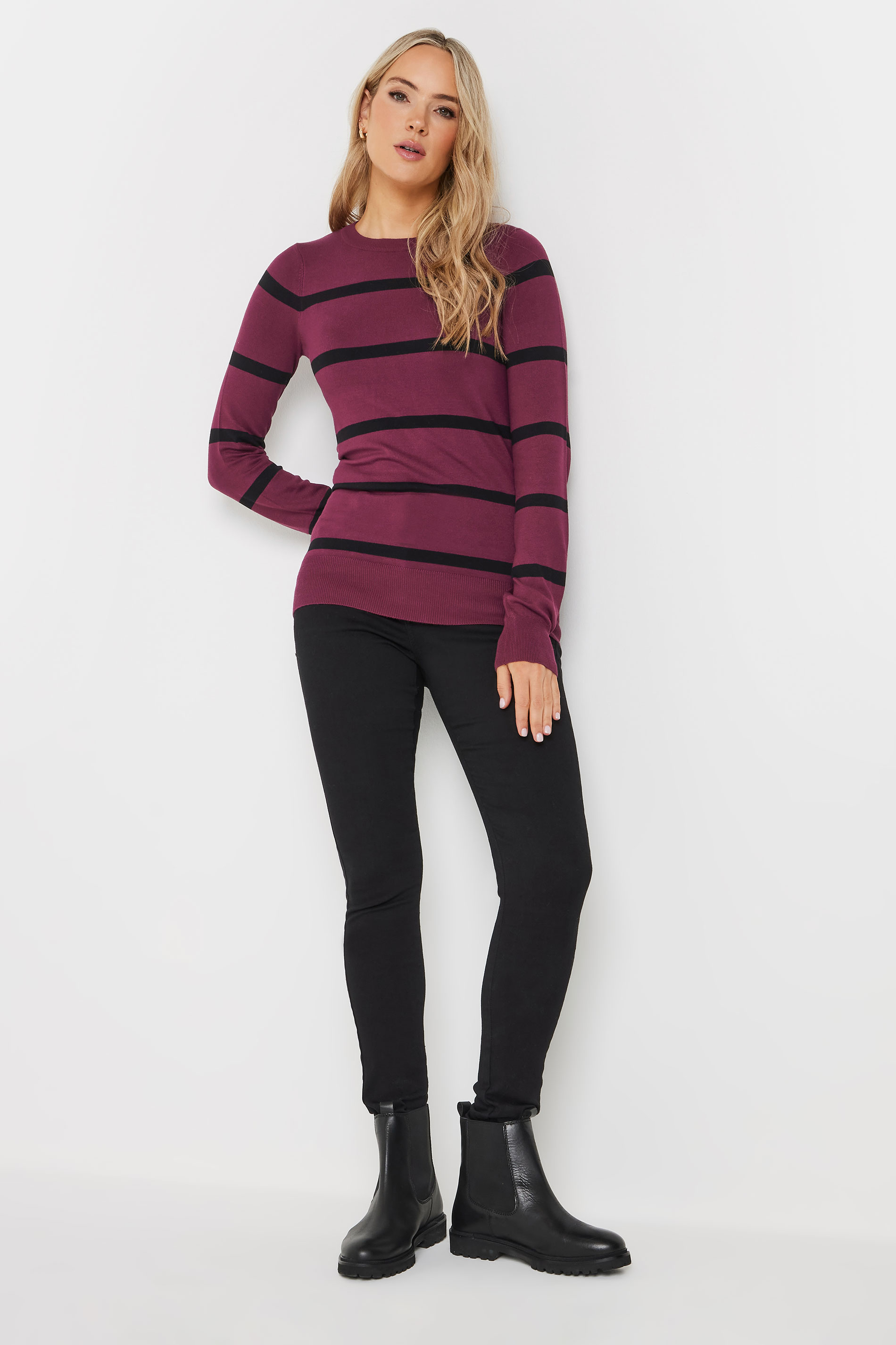 LTS Tall Burgundy Red Fine Knit Striped Jumper | Long Tall Sally 2