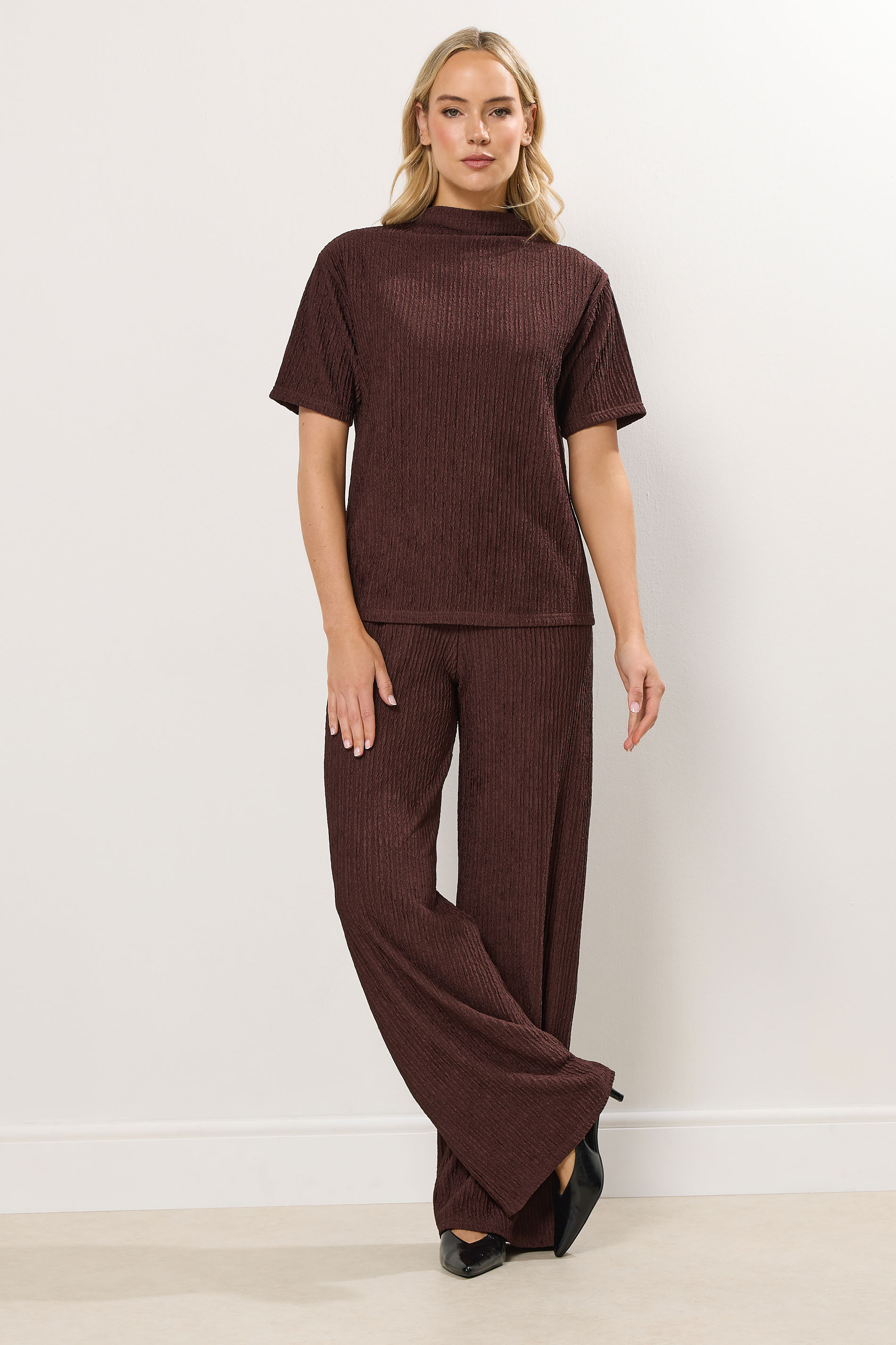 LTS Tall Chocolate Brown Textured Funnel Neck Top | Long Tall Sally 2