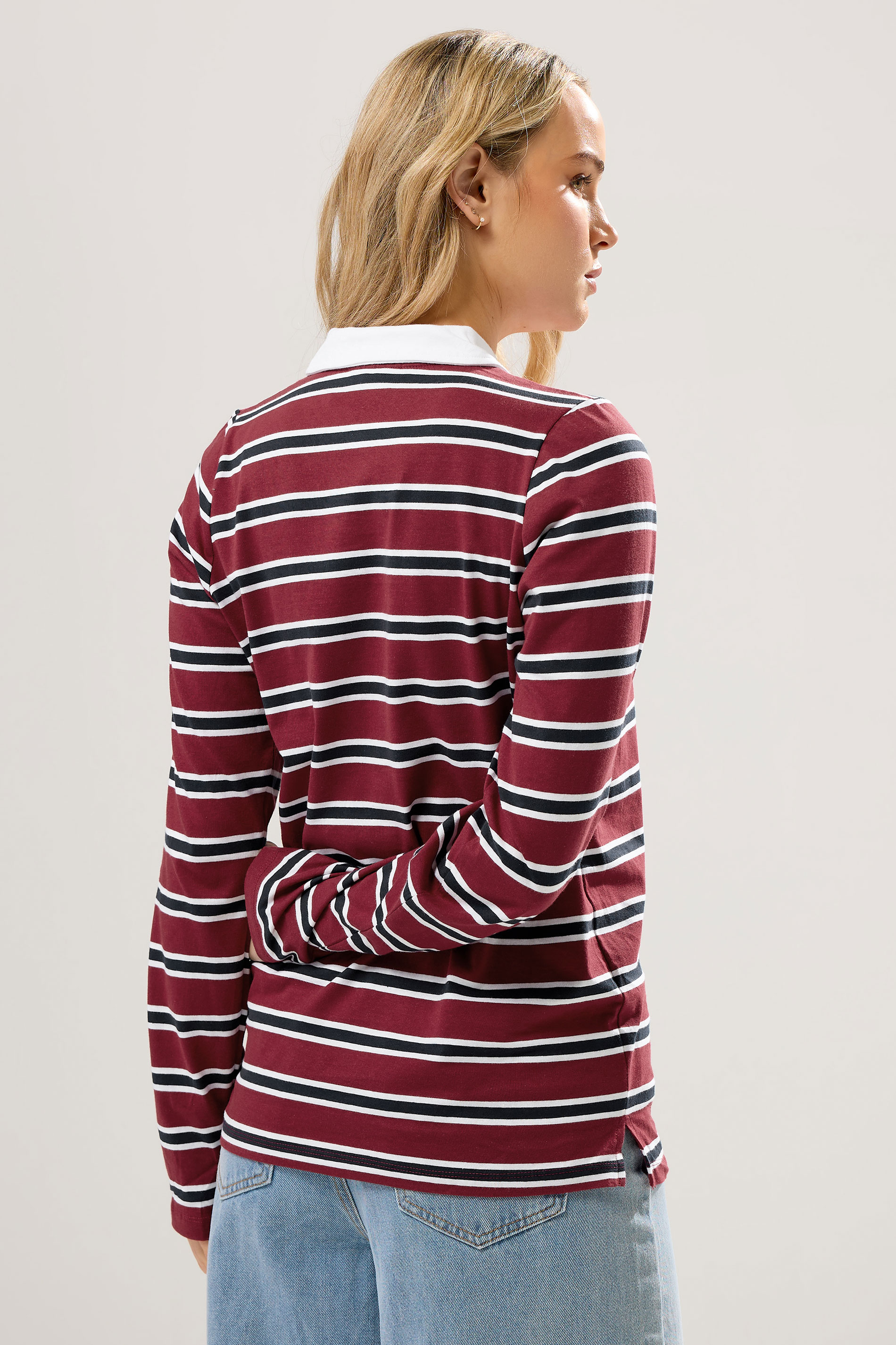 LTS Tall Red & Navy Blue Striped Jersey Polo Top | Long Tall Sally 3