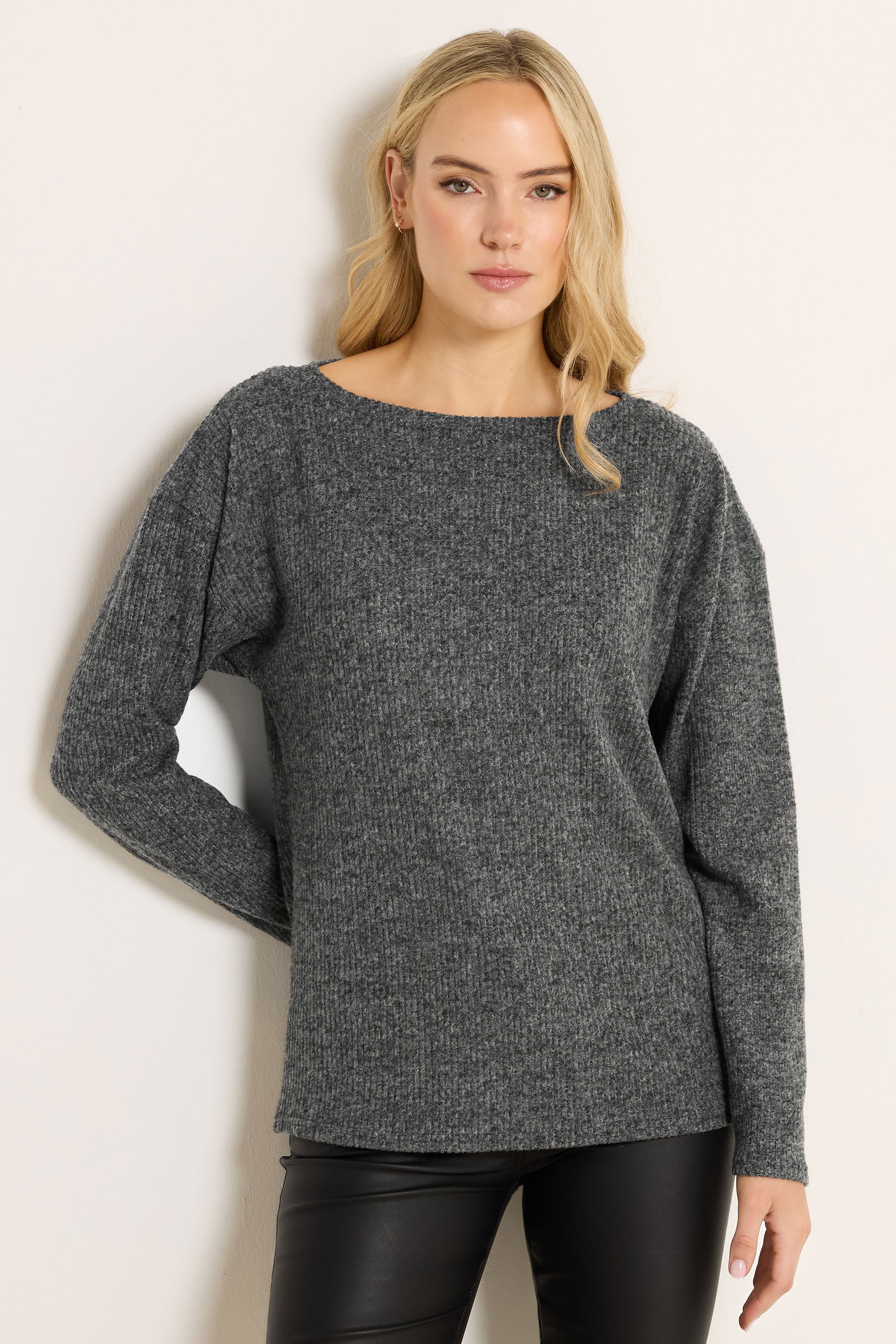 LTS Tall Charcoal Grey Ribbed Soft Touch Batwing Top | Long Tall Sally 1