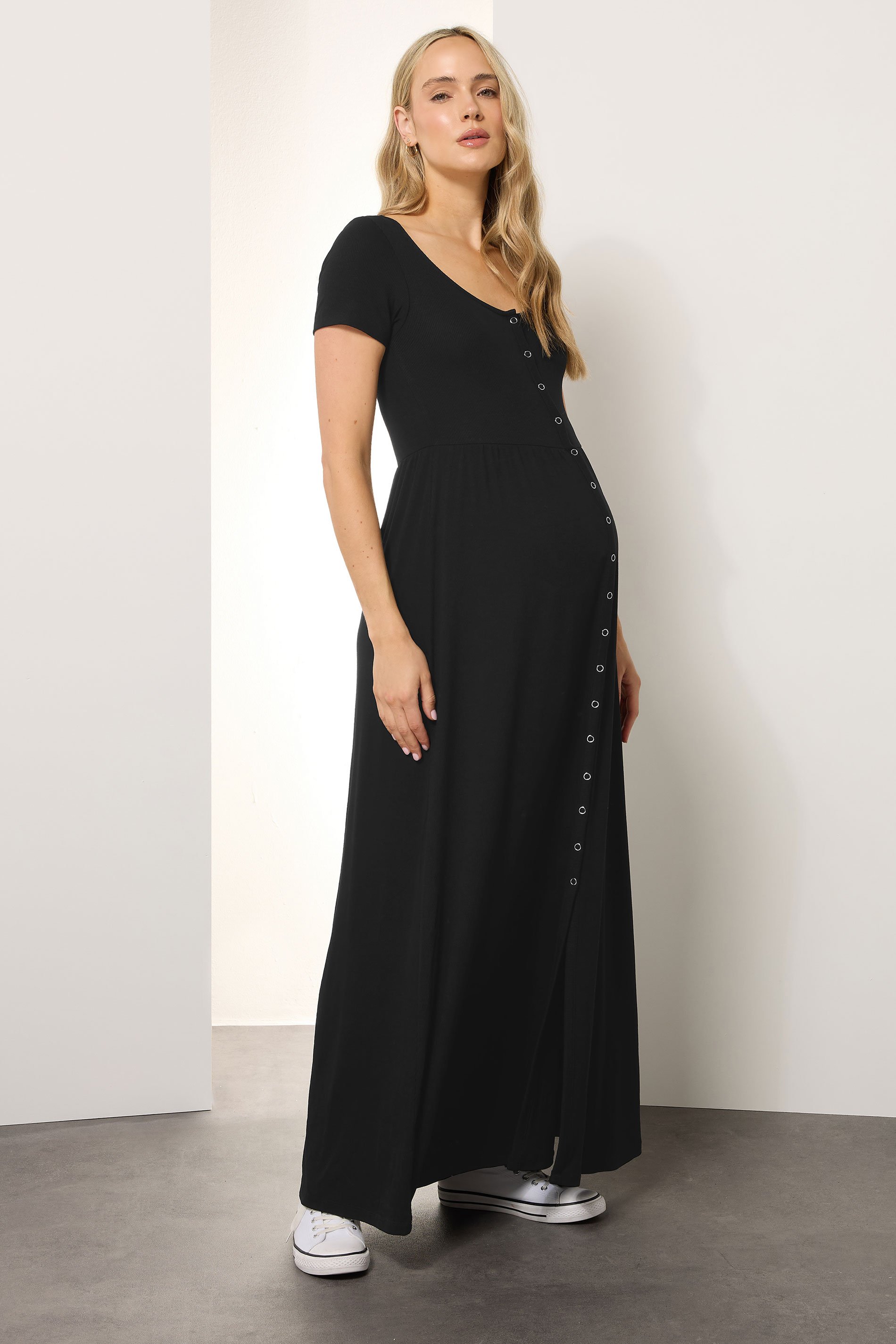 LTS Tall Maternity Black Ribbed Button Maxi Dress | Long Tall Sally 2