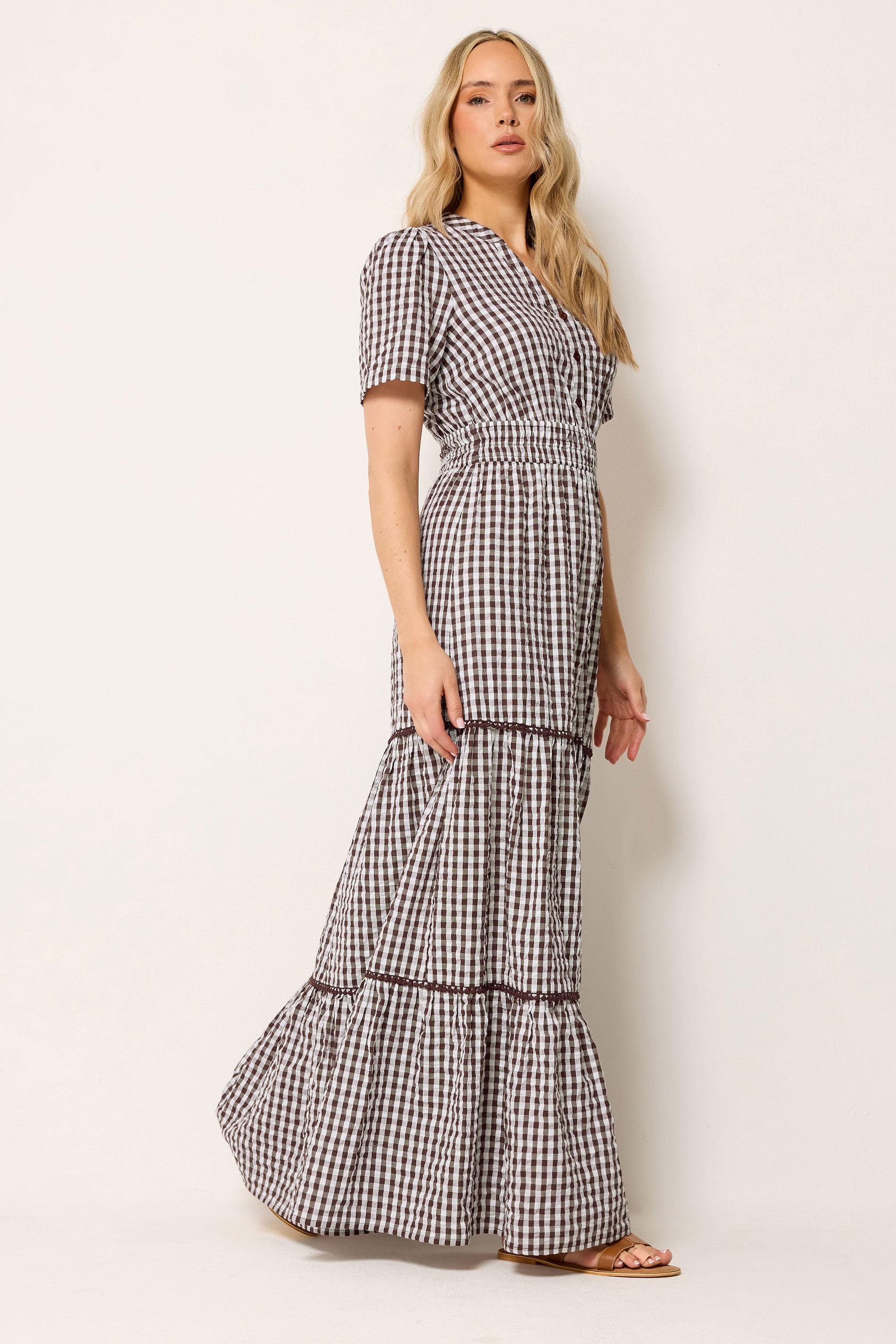 LTS Tall Women's Chocolate Brown Gingham Cotton Maxi Dress | Long Tall Sally