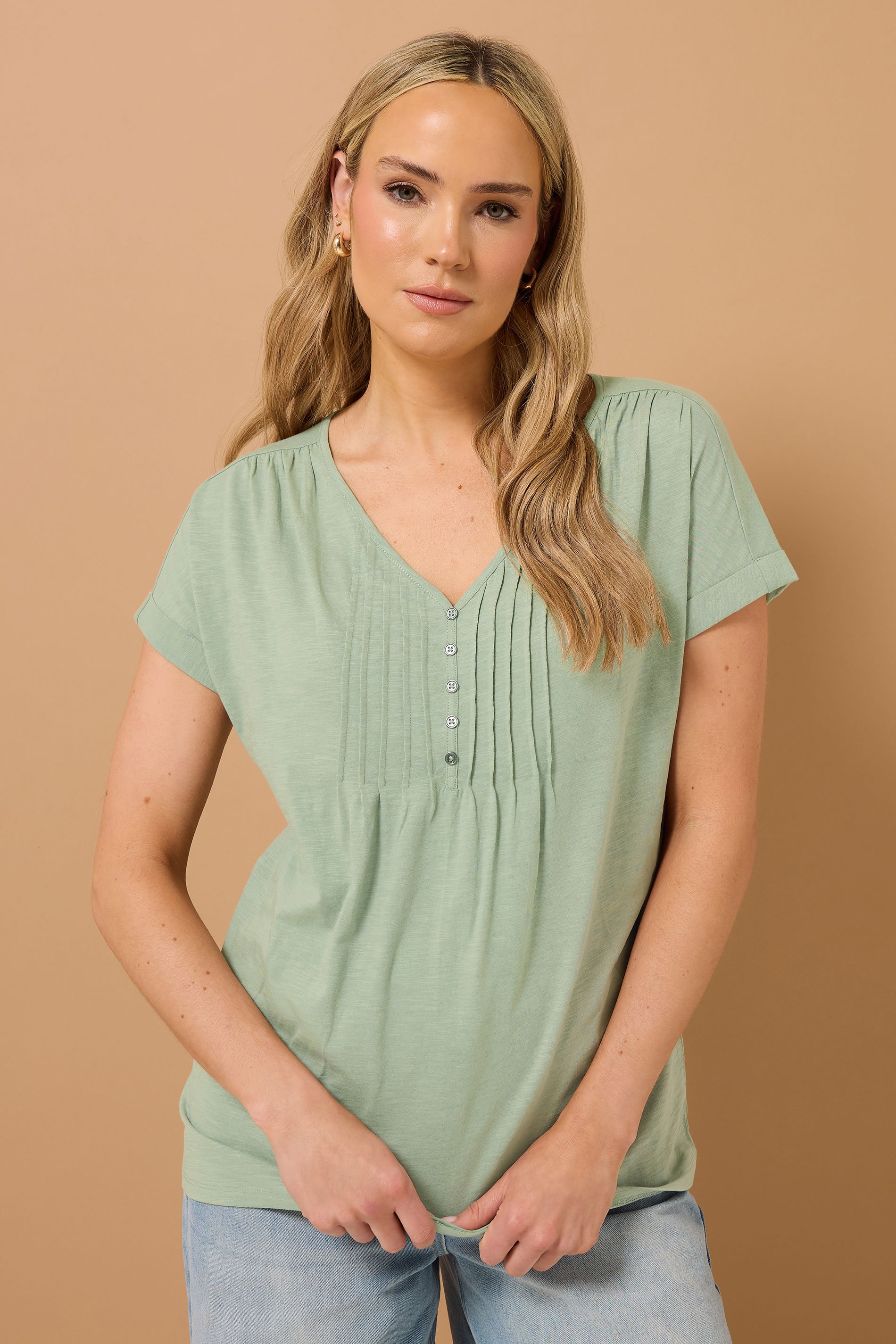 LTS Tall Sage Green Cotton Short Sleeve Henley Top | Long Tall Sally 2