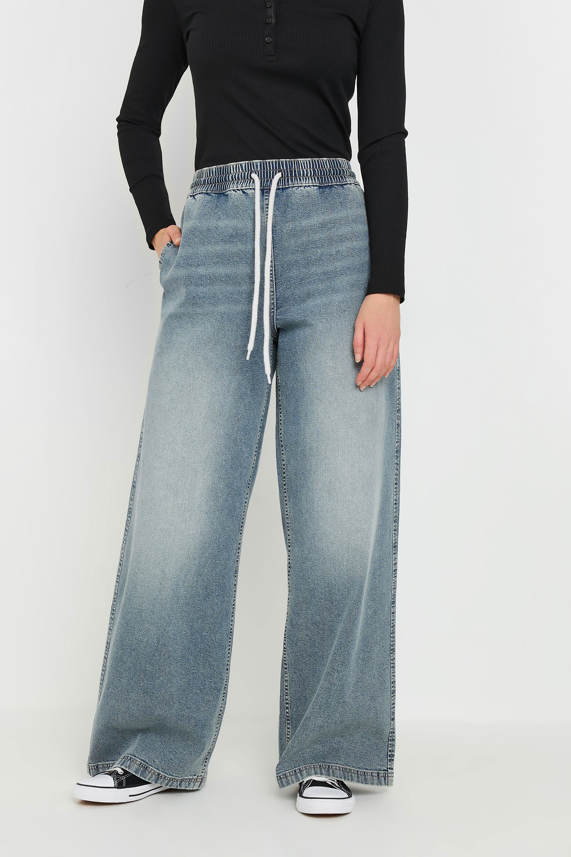 LTS Tall Mid Blue Washed Denim Pull-On Wide Leg Jeans | Long Tall Sally 3