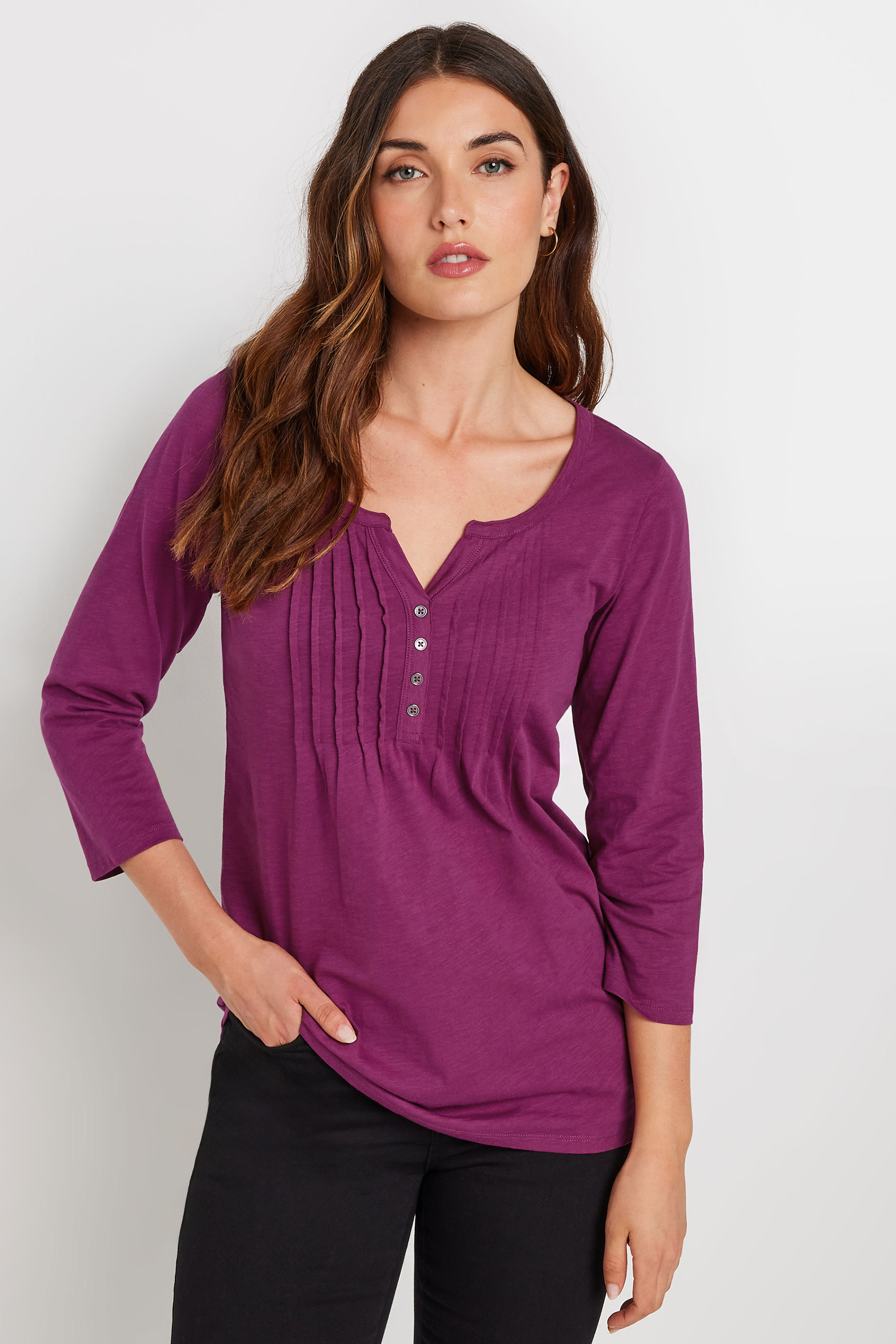 LTS Tall Dark Pink Cotton Henley Top | Long Tall Sally