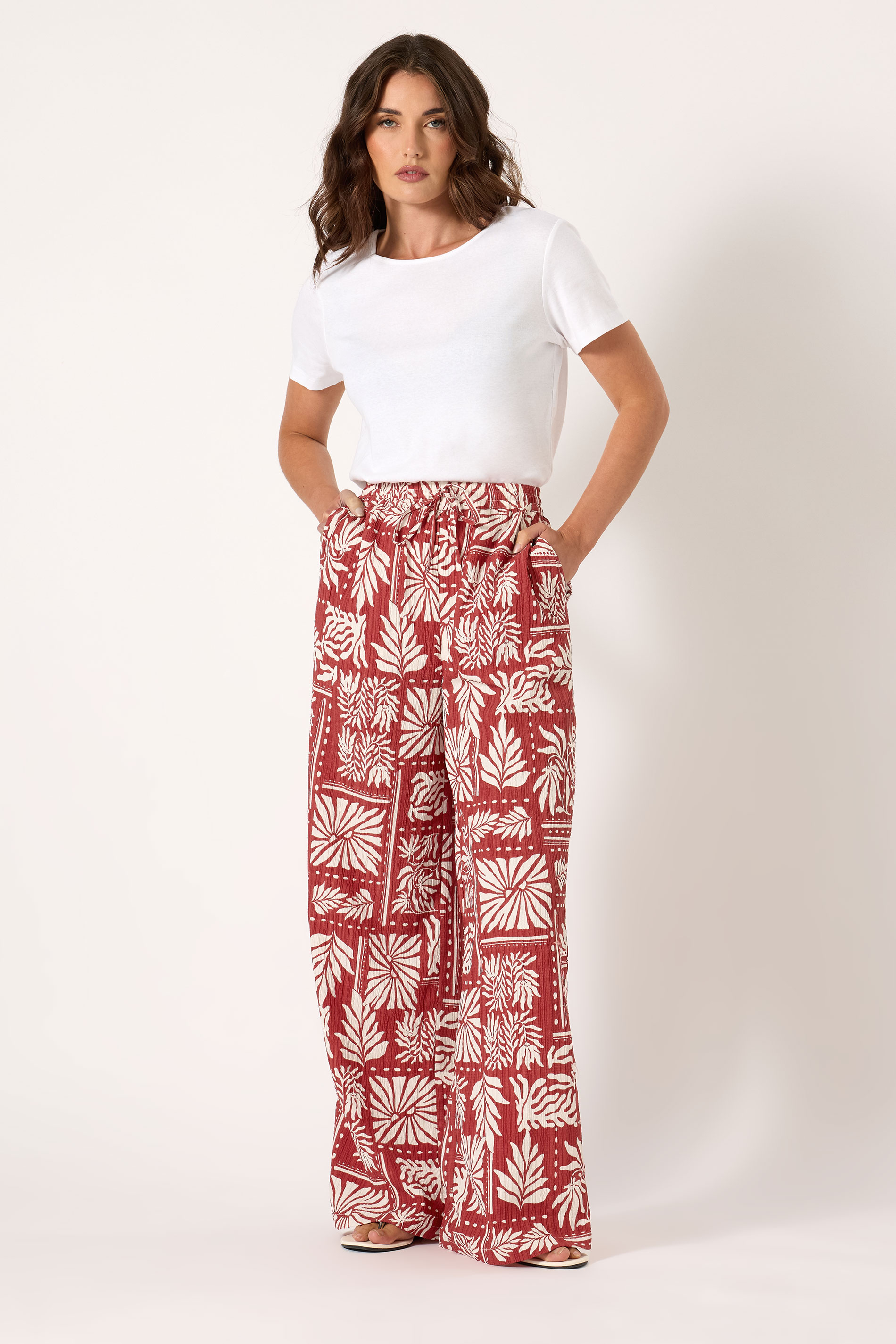 LTS Tall Rust Orange Palm Print Wide Leg Trousers | Long Tall Sally 1