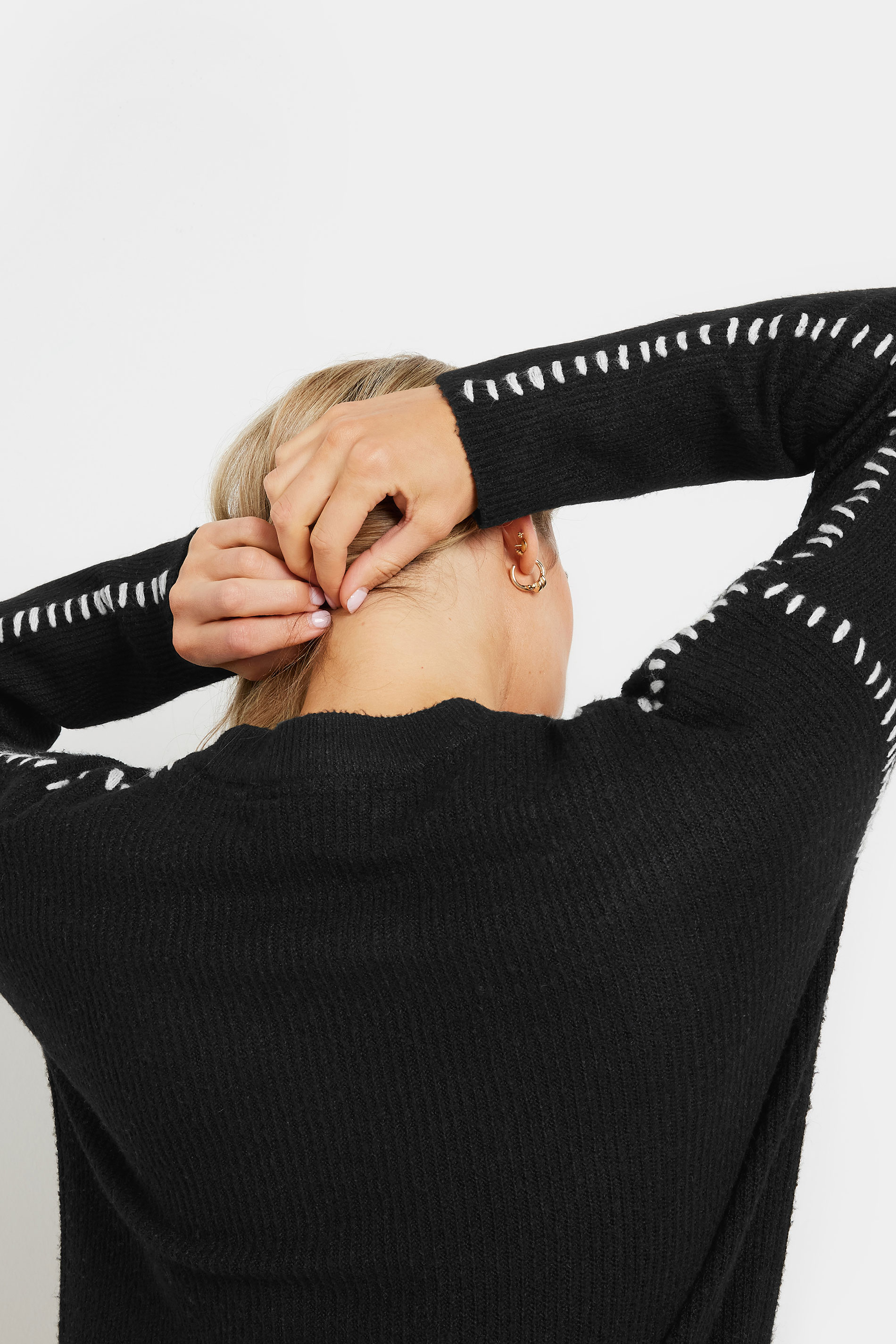 LTS Tall Black Knitted Contrast Stitch Jumper | Long Tall Sally 4