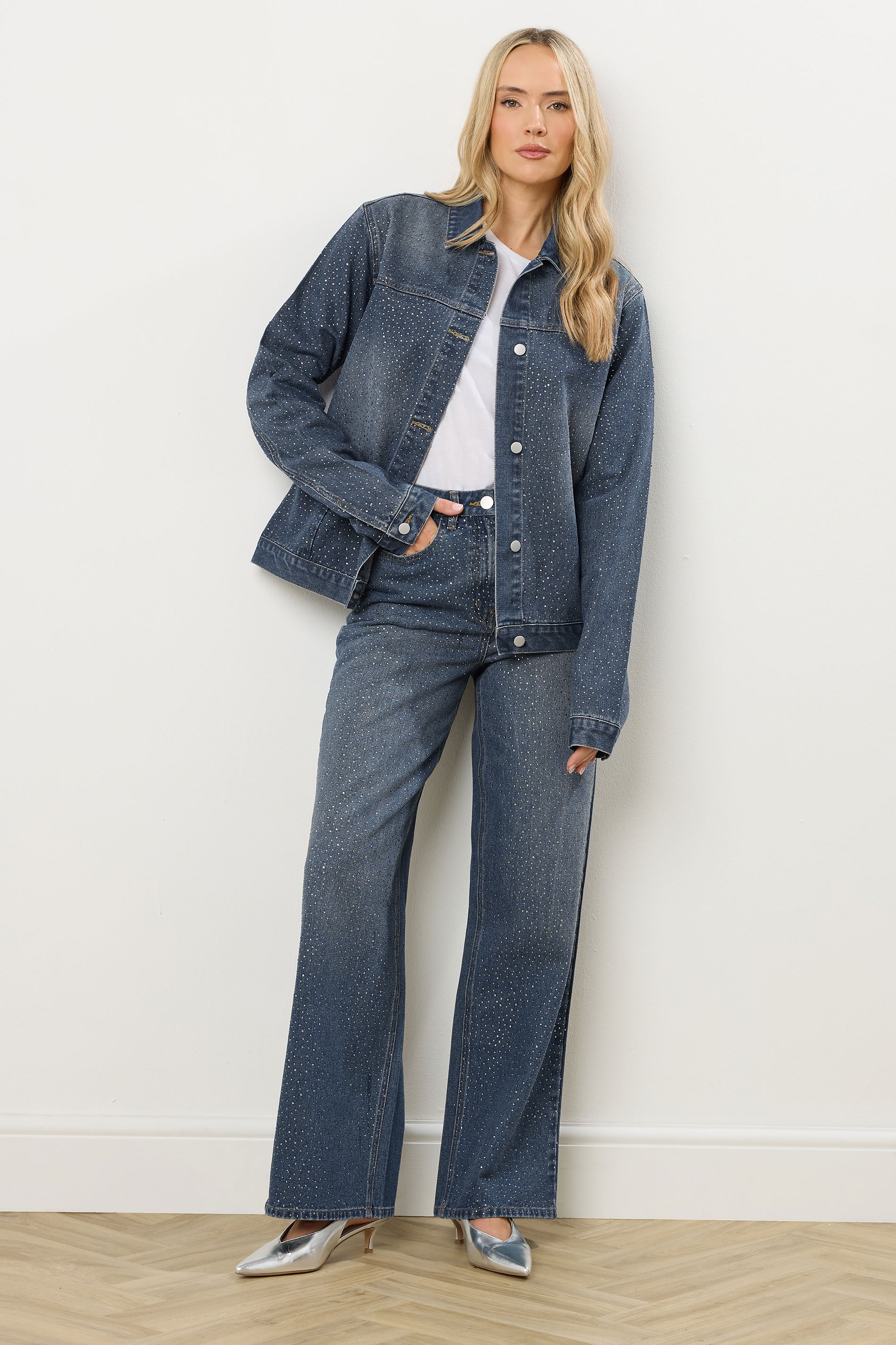 LTS Tall Blue Diamante Embellished Wide Leg Jeans | Long Tall Sally  2