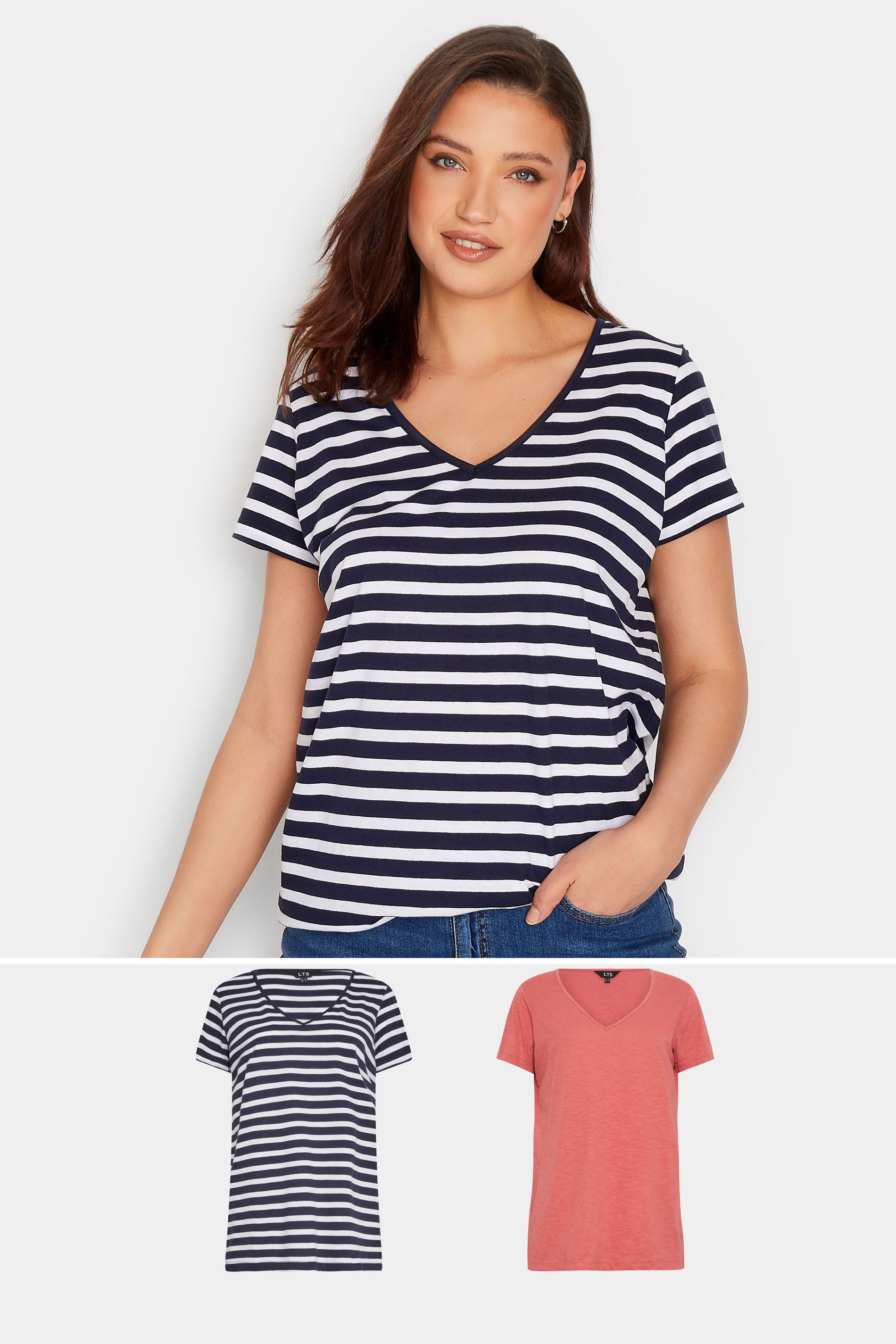 LTS Tall Womens 2 PACK Navy Blue & Coral Pink Stripe V-Neck T-Shirts | Long Tall Sally 1