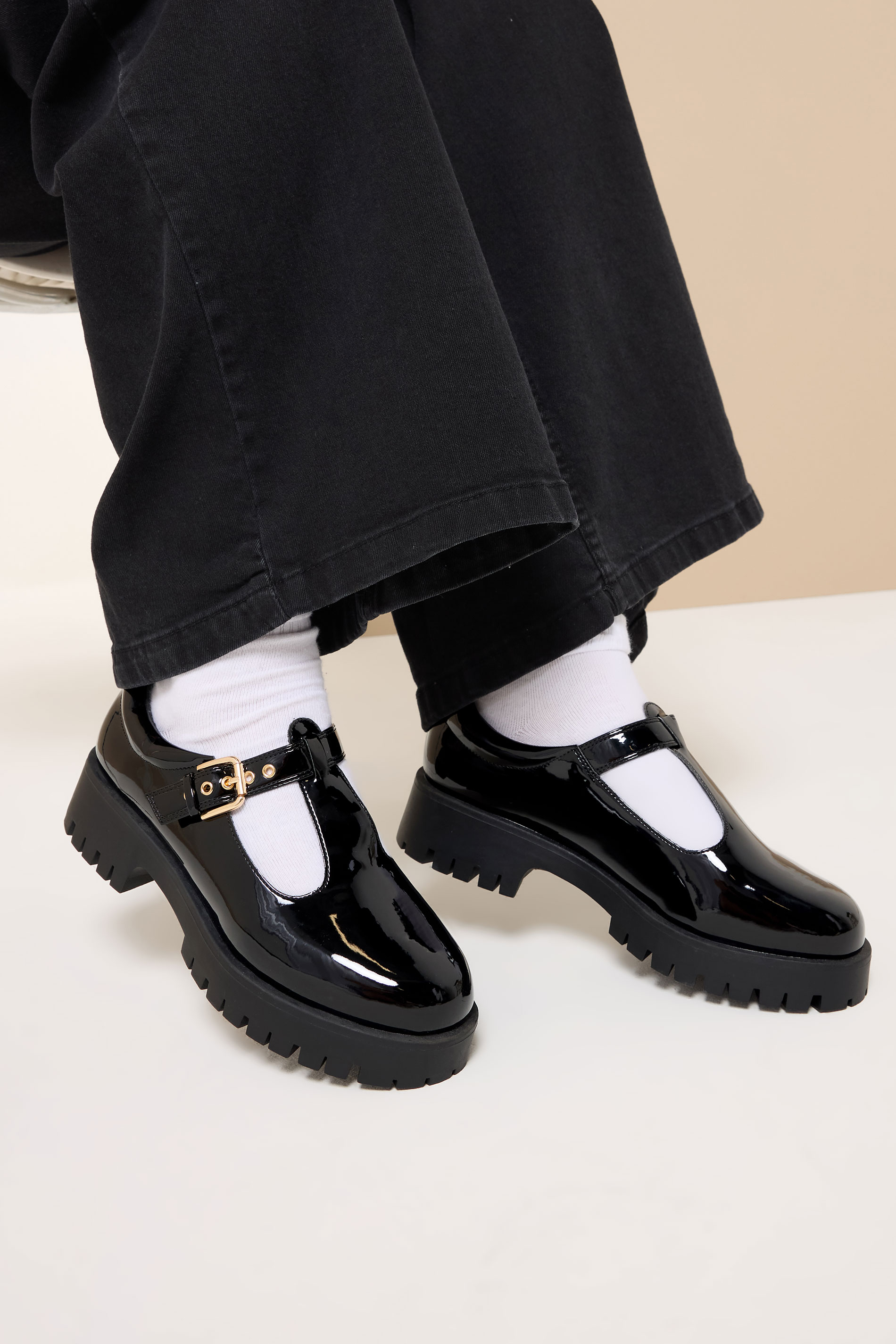Black Patent Chunky T-Bar Mary Janes In Extra Wide EEE Fit | Yours Clothing 2