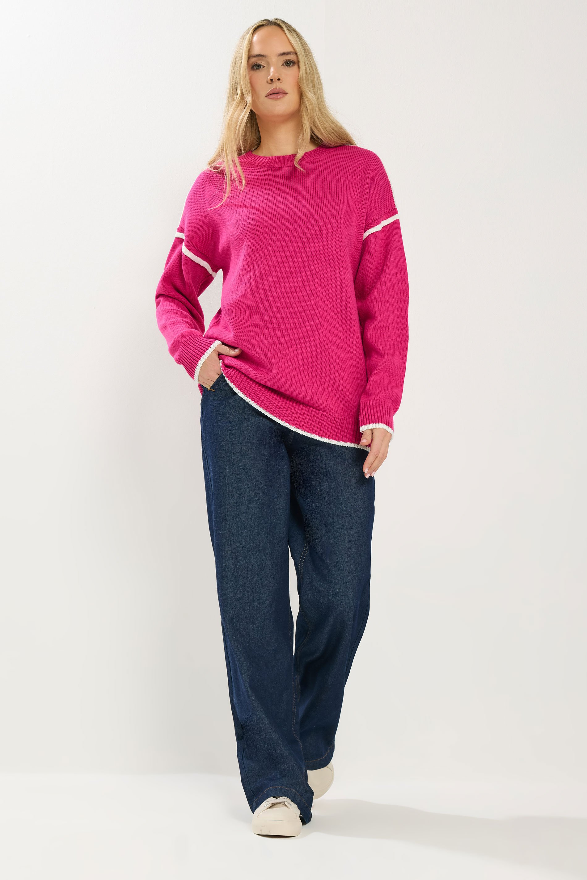 LTS Tall Hot Pink Piped Crew Neck Jumper | Long Tall Sally 2