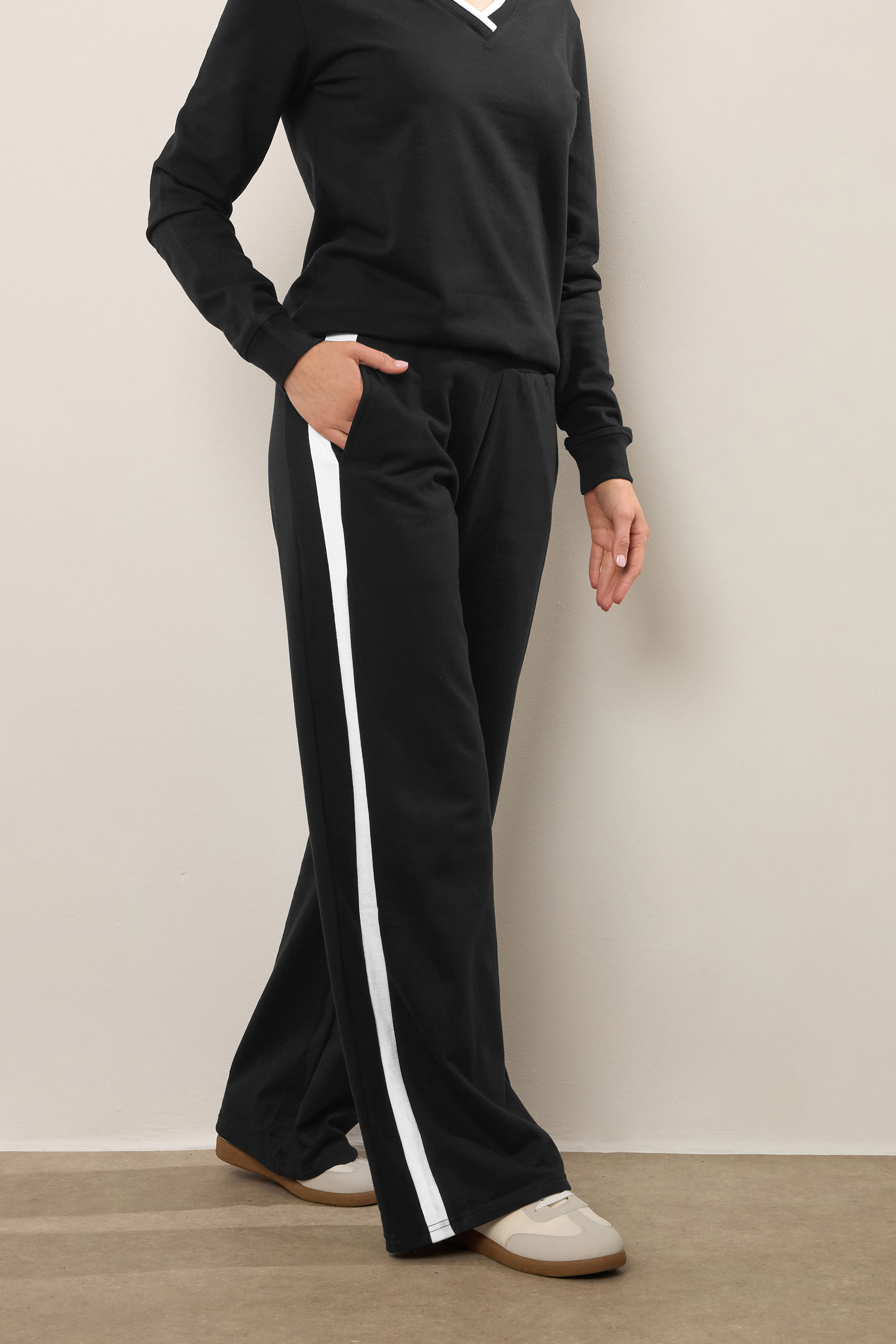 LTS Tall Black Ribbed Striped Wide Leg Joggers | Long Tall Sally 3